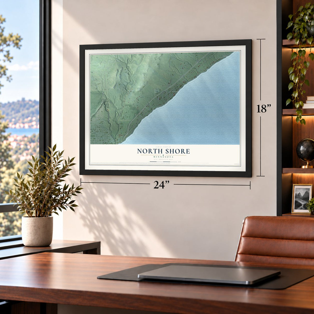 North Shore, Minnesota map, 18 x 24 inch print in a black frame in a home office