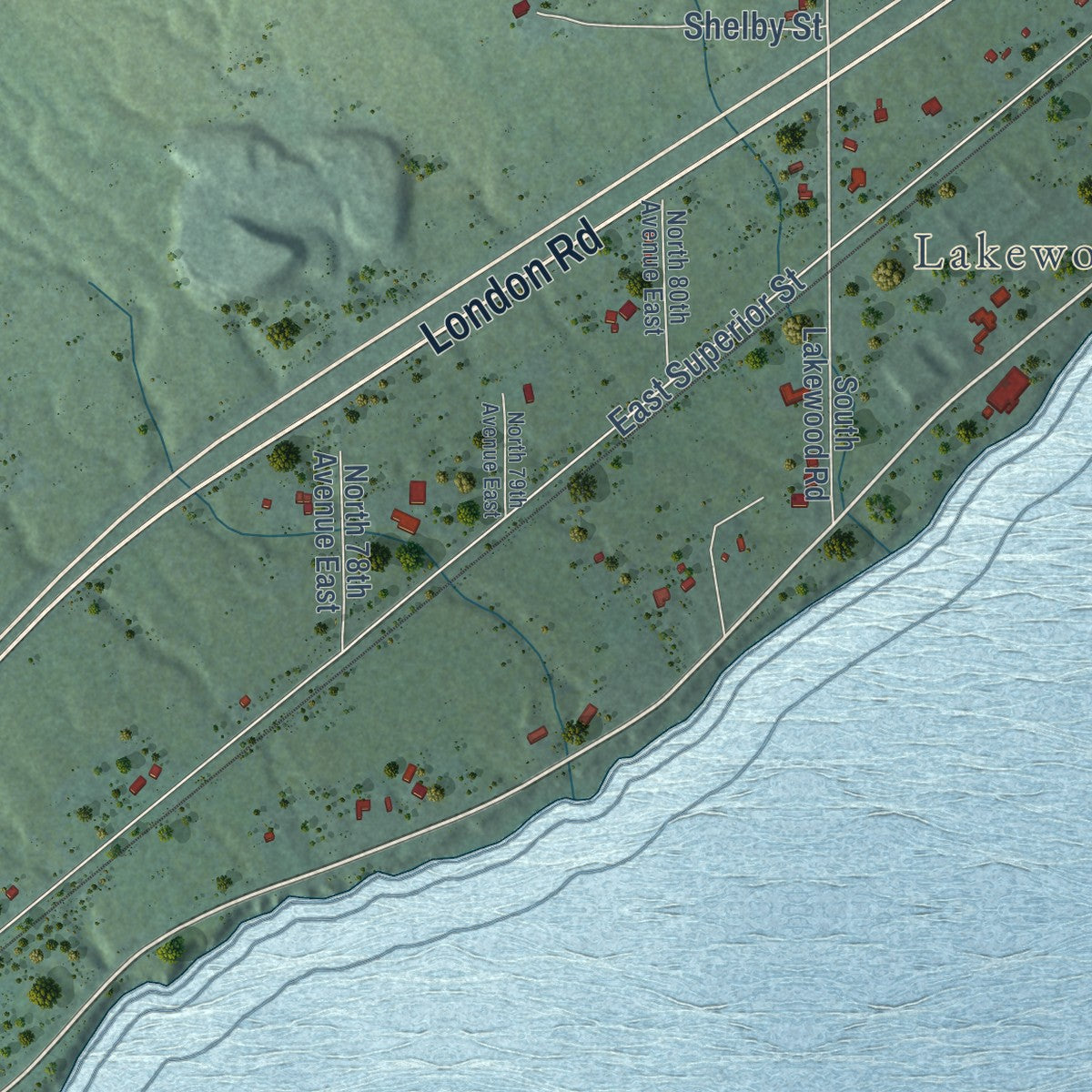 Close-up of the map of North Shore, Minnesota print showing street and building detail
