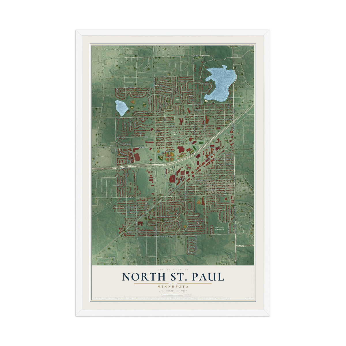 Map of North St. Paul, Minnesota, 12 x 18 inch print in a white wood frame