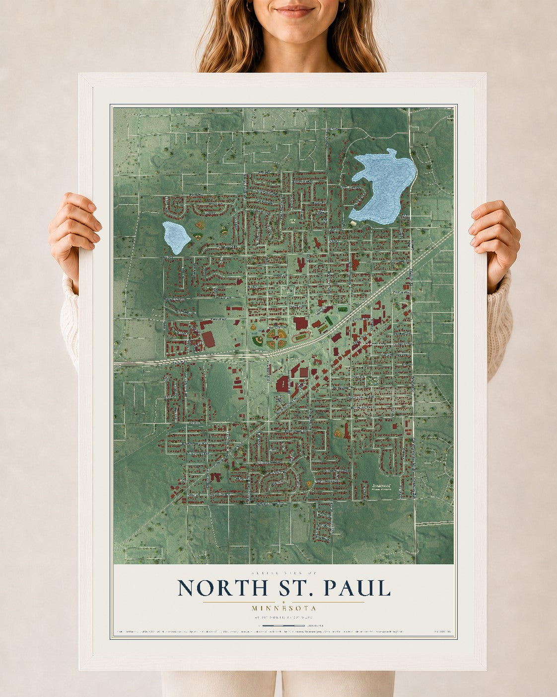 Map of North St. Paul, Minnesota, 24 x 36 inch print in a white wood frame
