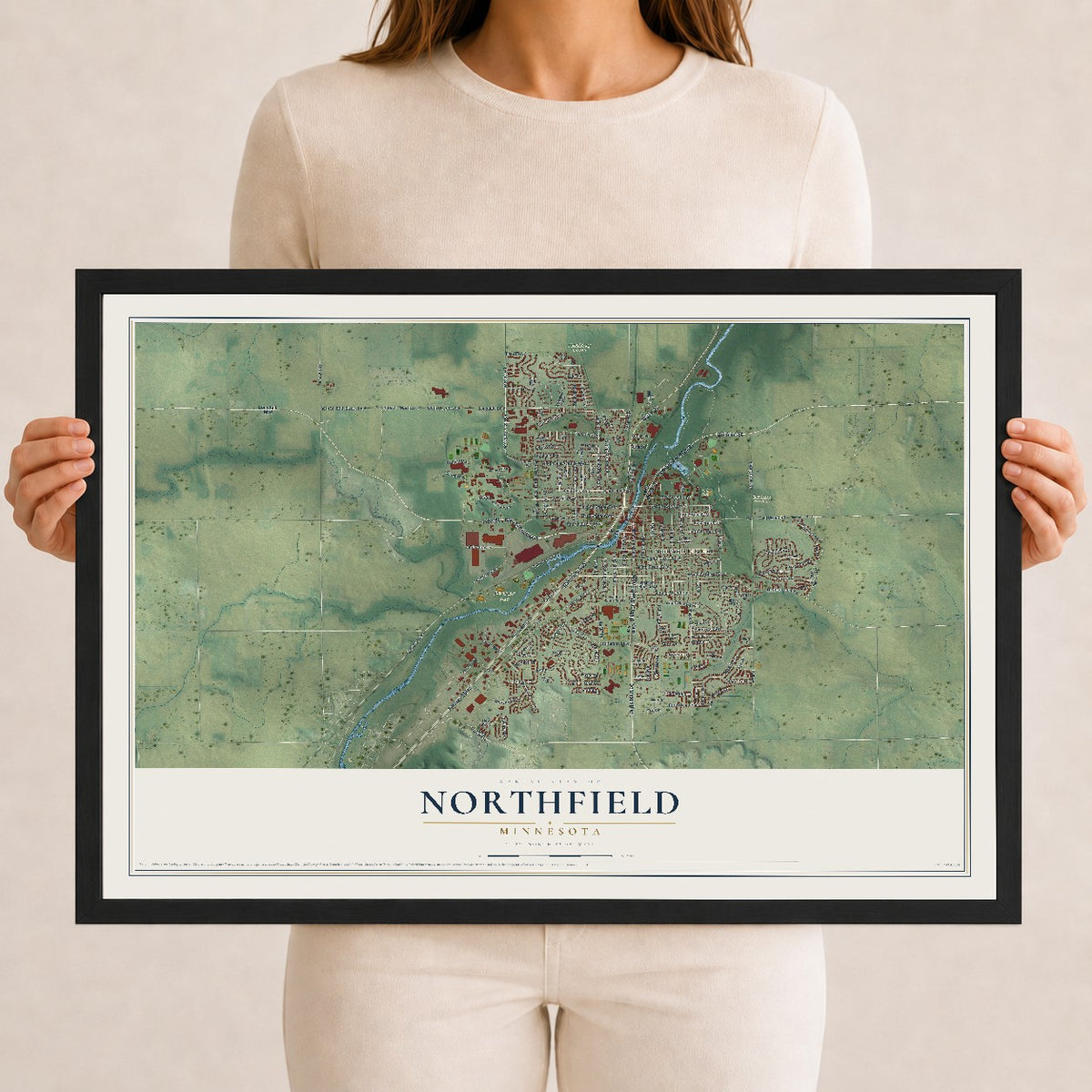 Map of Northfield, Minnesota, 12 x 18 inch print in a black wood frame