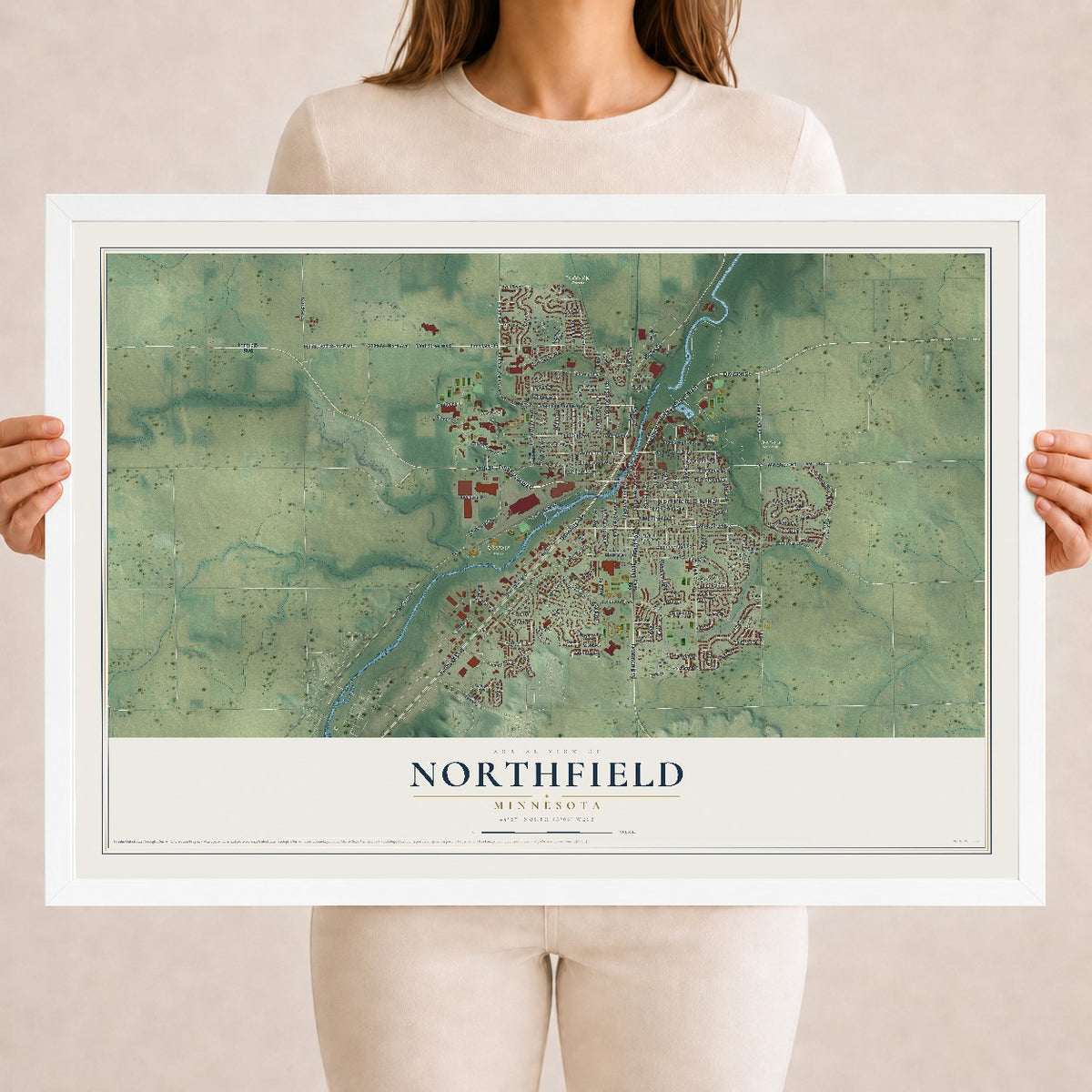 Map of Northfield, Minnesota, 18 x 24 inch print in a white wood frame
