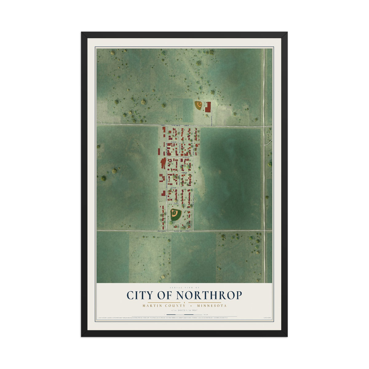 Map of Northrop, Minnesota, 12 x 18 inch print in a black wood frame
