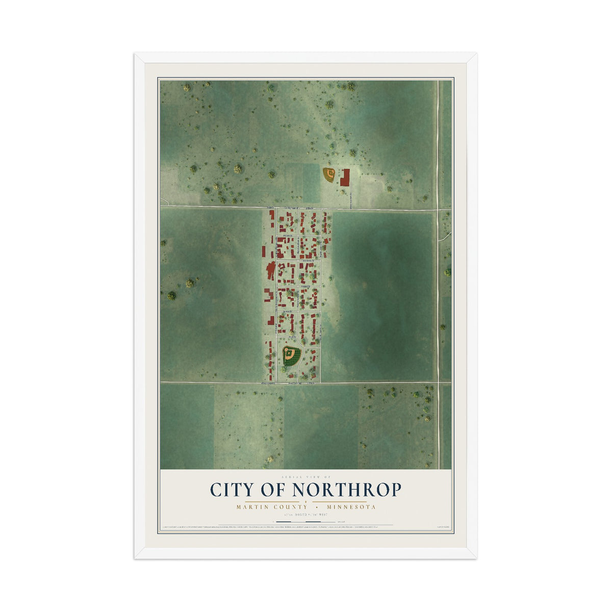 Map of Northrop, Minnesota, 12 x 18 inch print in a white wood frame