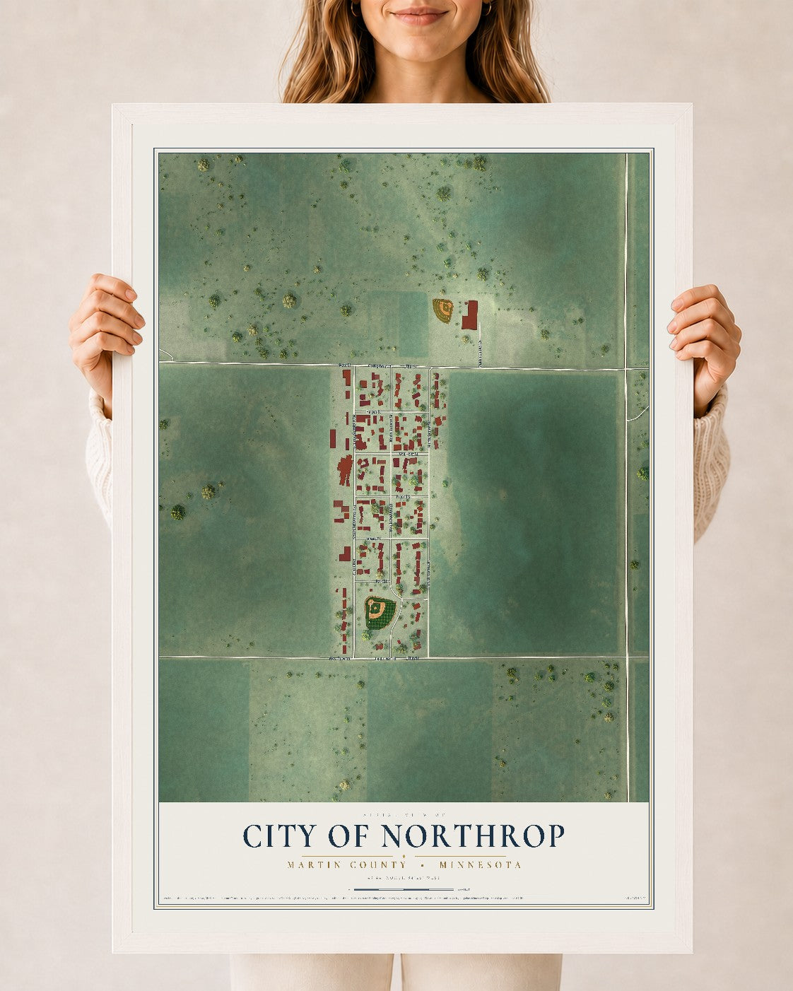 Map of Northrop, Minnesota, 24 x 36 inch print in a white wood frame