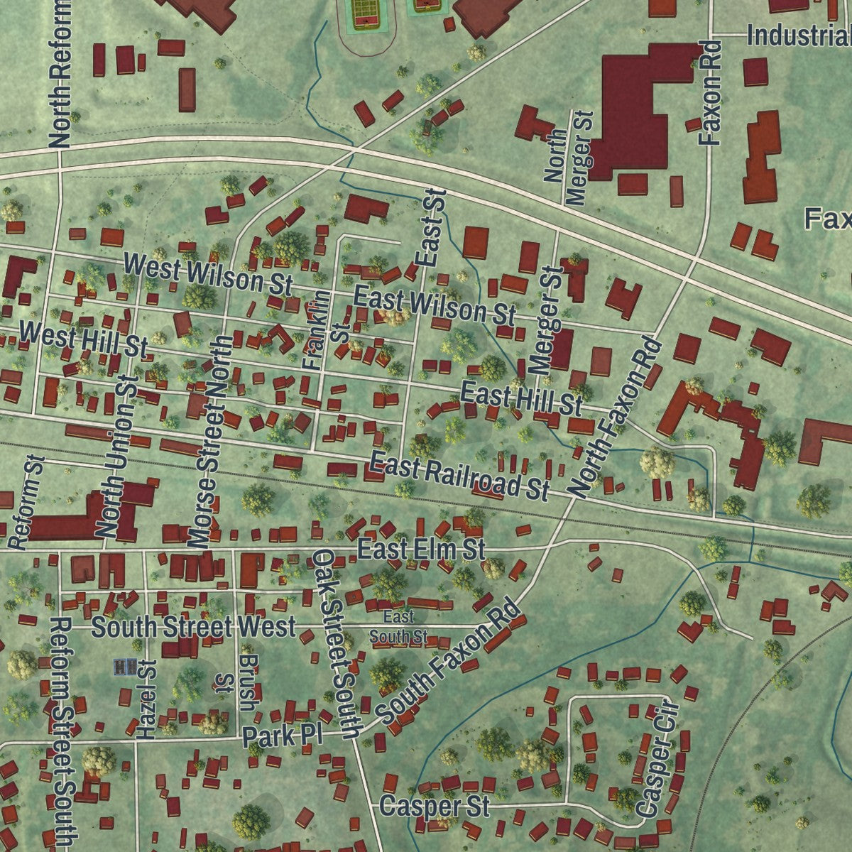 Close-up of the map of Norwood Young America, Minnesota print showing street and building detail