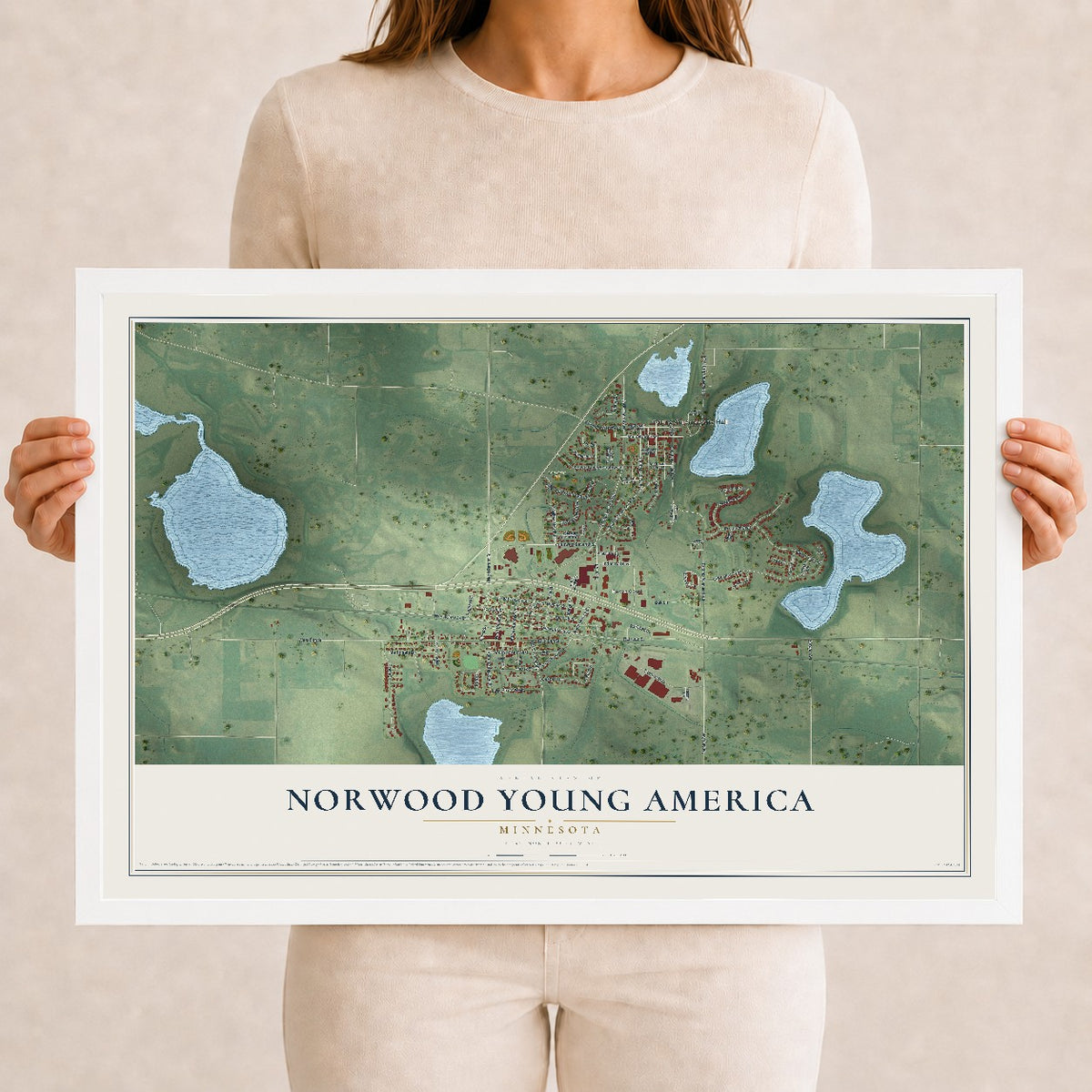 Map of Norwood Young America, Minnesota, 12 x 18 inch print in a white wood frame
