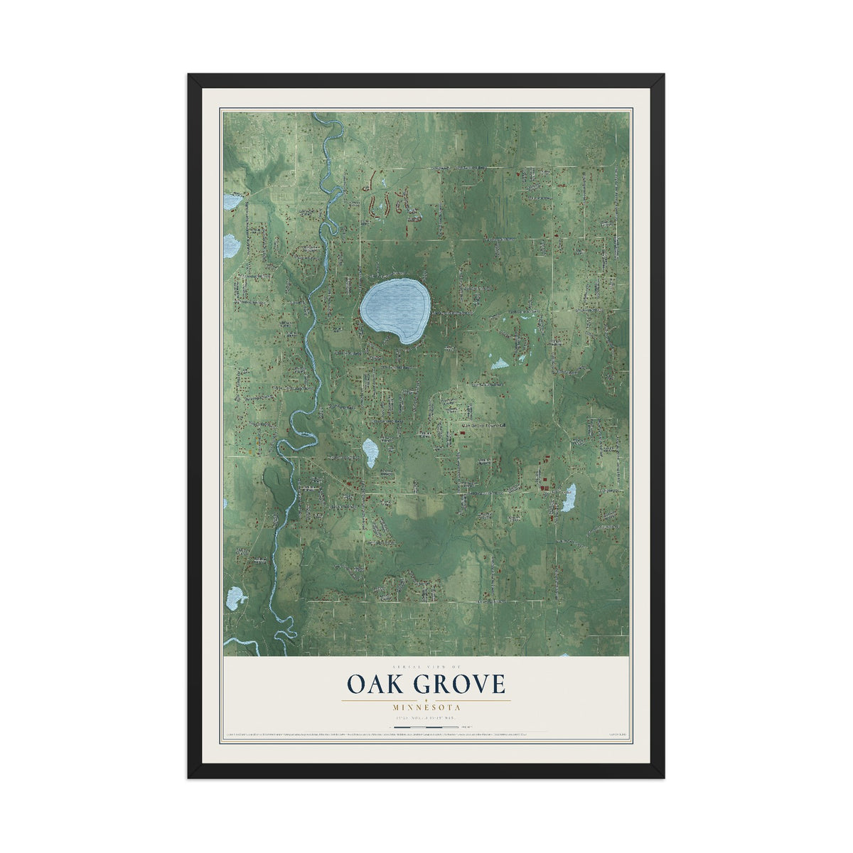 Map of Oak Grove, Minnesota, 12 x 18 inch print in a black wood frame