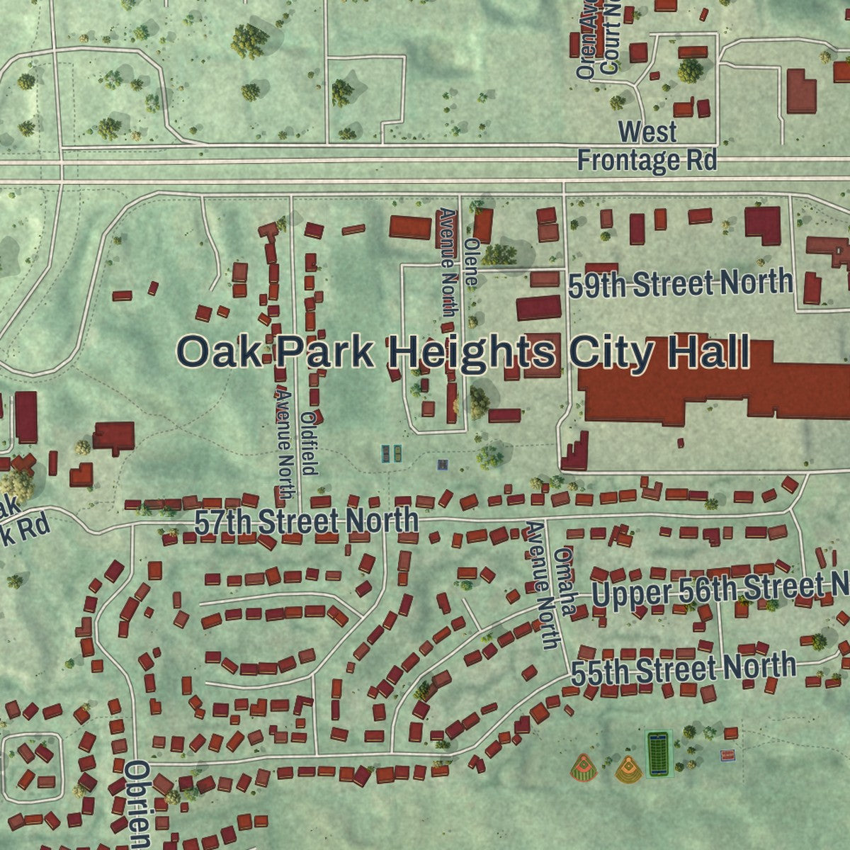 Close-up of the map of Oak Park Heights, Minnesota print showing street and building detail