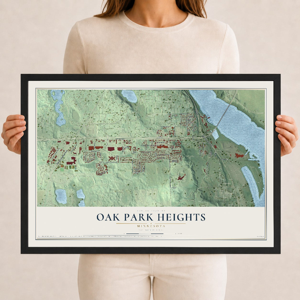 Map of Oak Park Heights, Minnesota, 12 x 18 inch print in a black wood frame