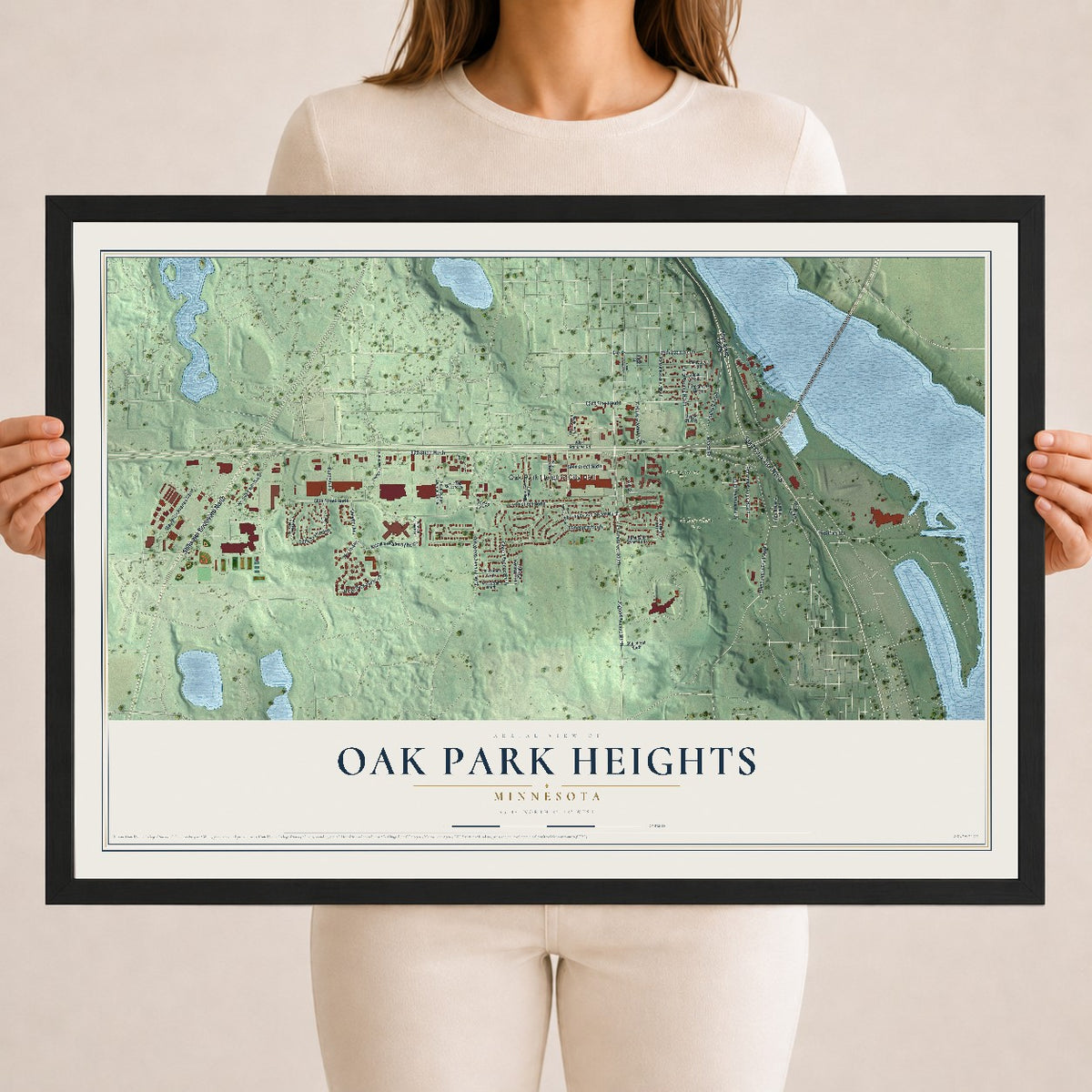 Map of Oak Park Heights, Minnesota, 18 x 24 inch print in a black wood frame