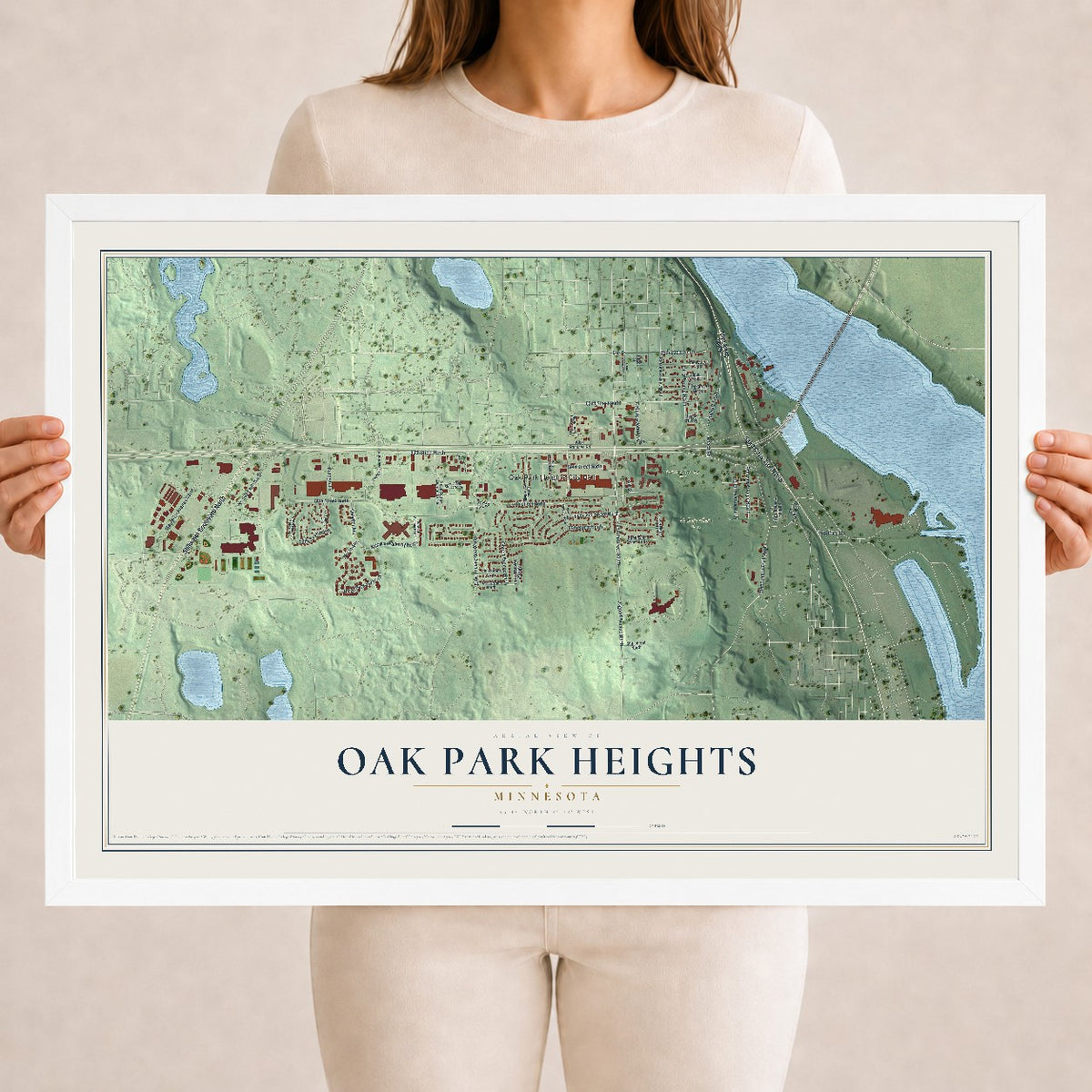Map of Oak Park Heights, Minnesota, 18 x 24 inch print in a white wood frame