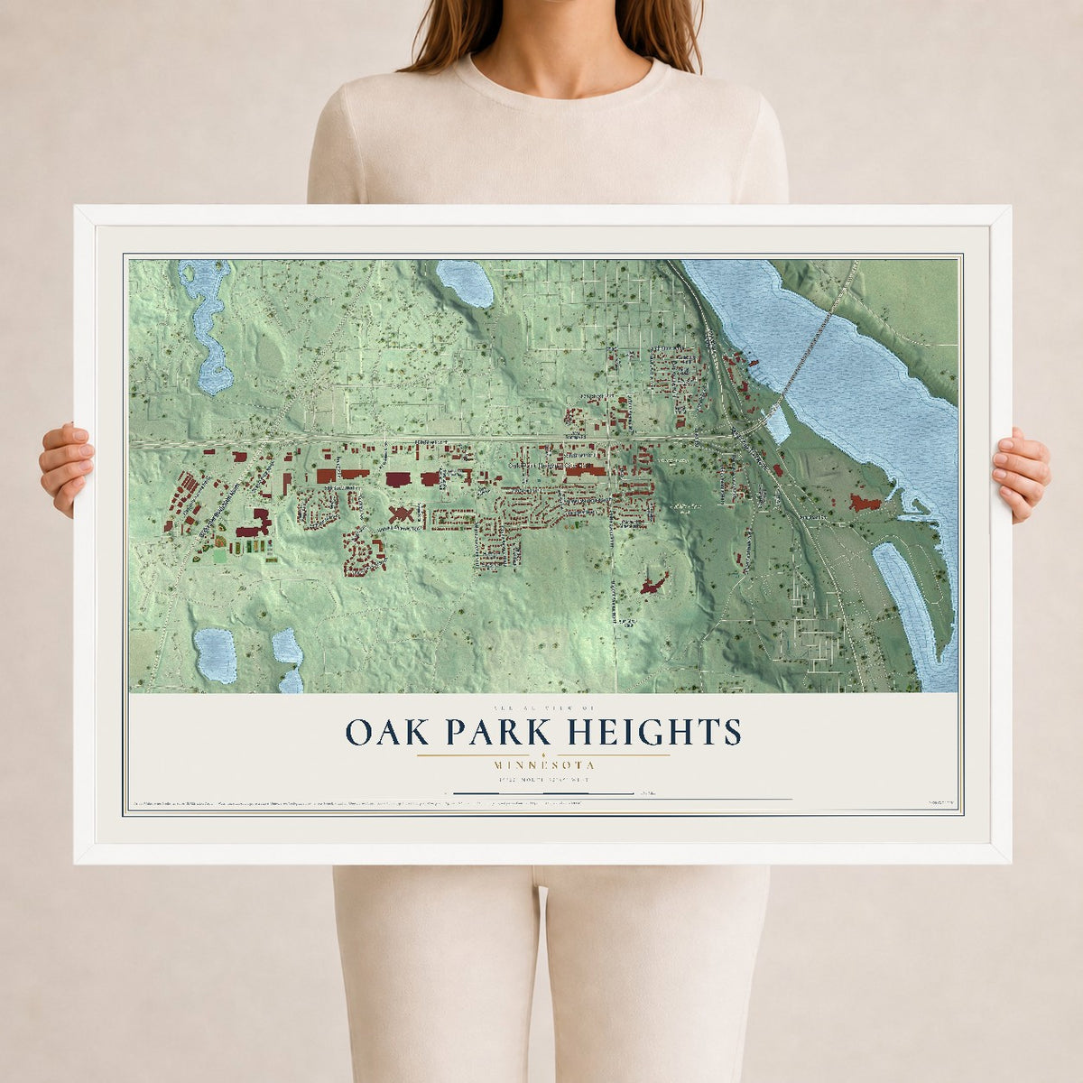 Map of Oak Park Heights, Minnesota, 24 x 36 inch print in a white wood frame