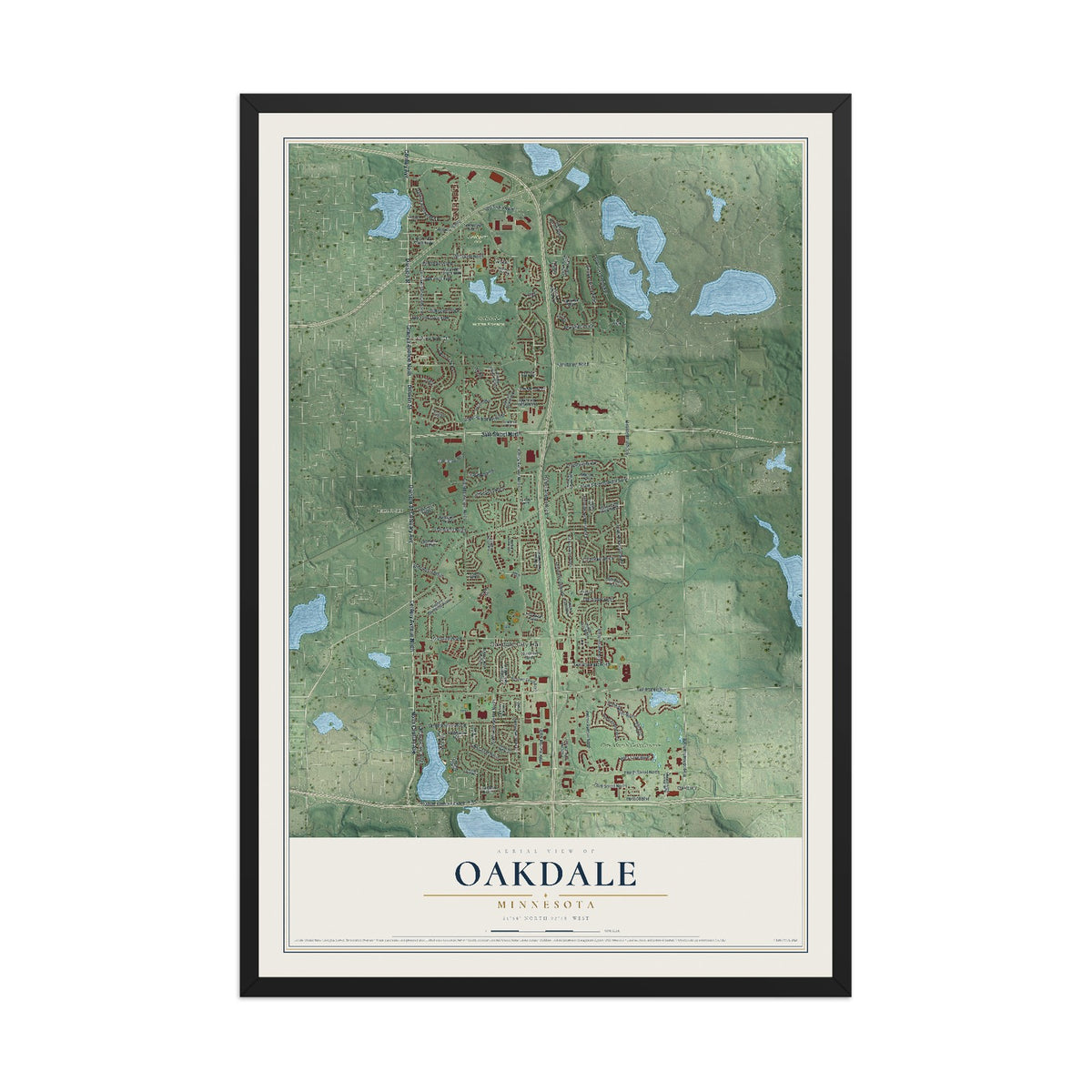 Map of Oakdale, Minnesota, 12 x 18 inch print in a black wood frame