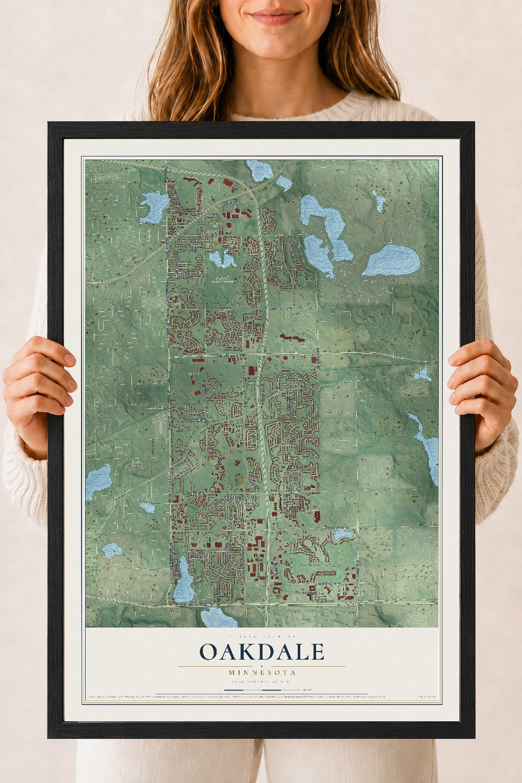 Map of Oakdale, Minnesota, 18 x 24 inch print in a black wood frame