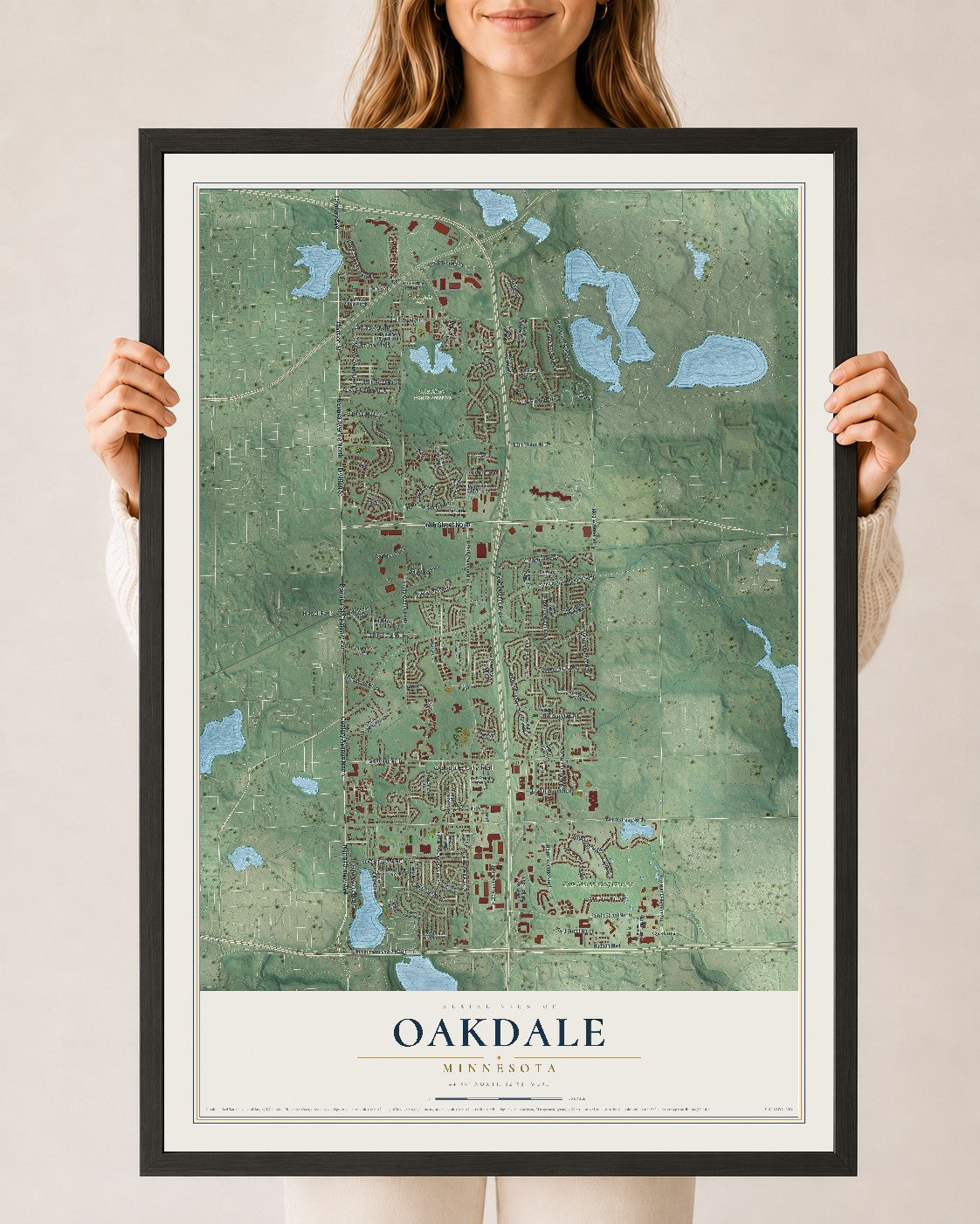 Map of Oakdale, Minnesota, 24 x 36 inch print in a black wood frame