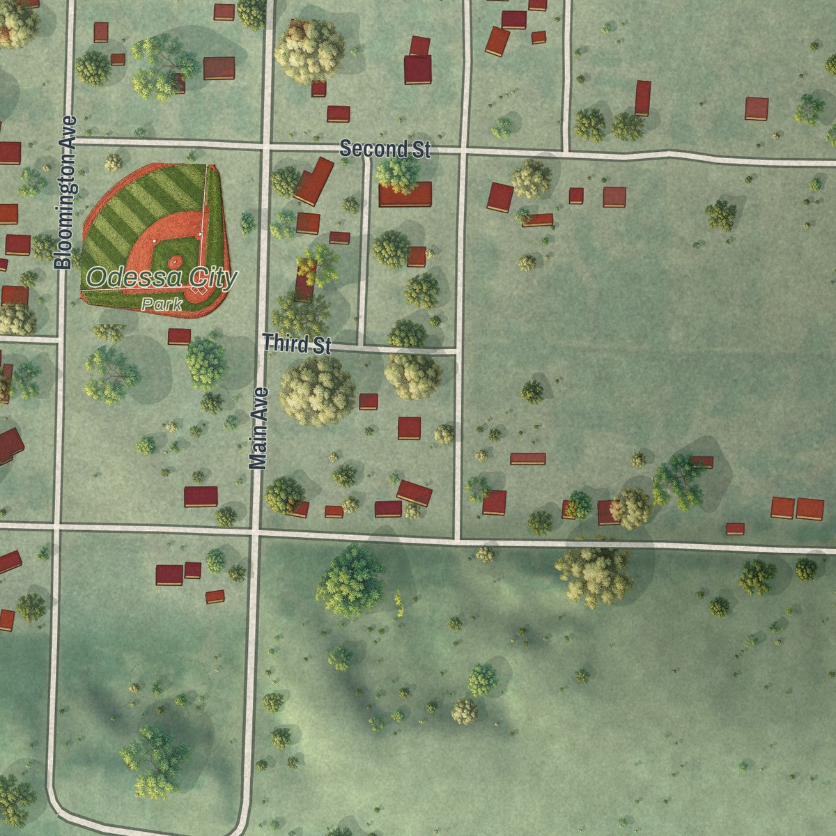 Close-up of the map of Odessa, Minnesota print showing street and building detail