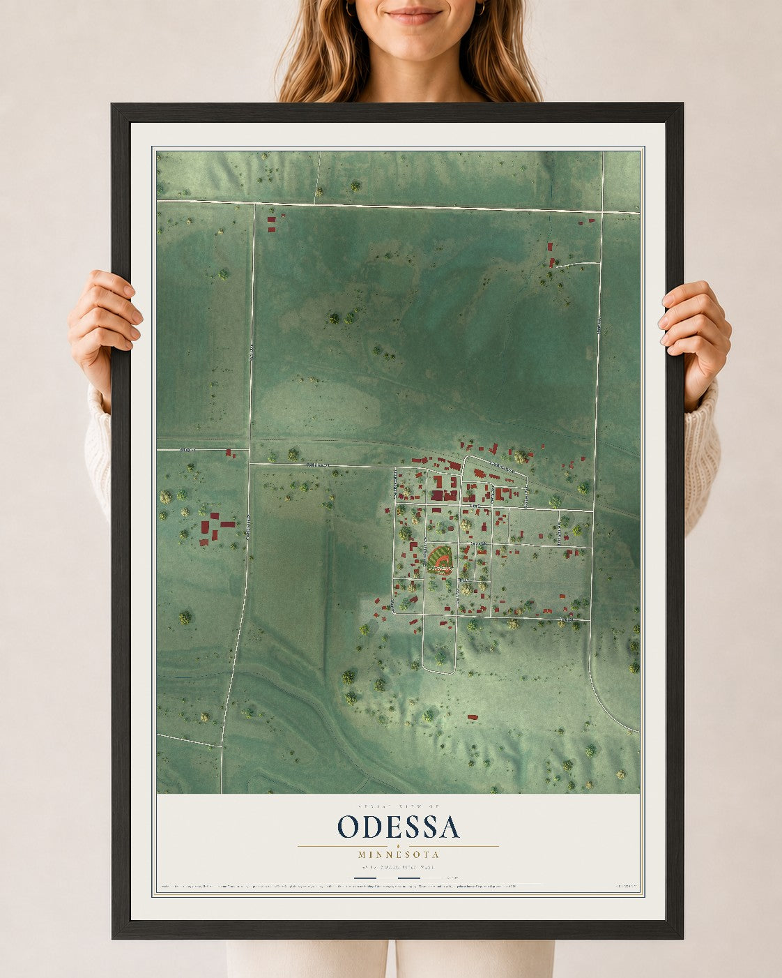 Map of Odessa, Minnesota, 24 x 36 inch print in a black wood frame