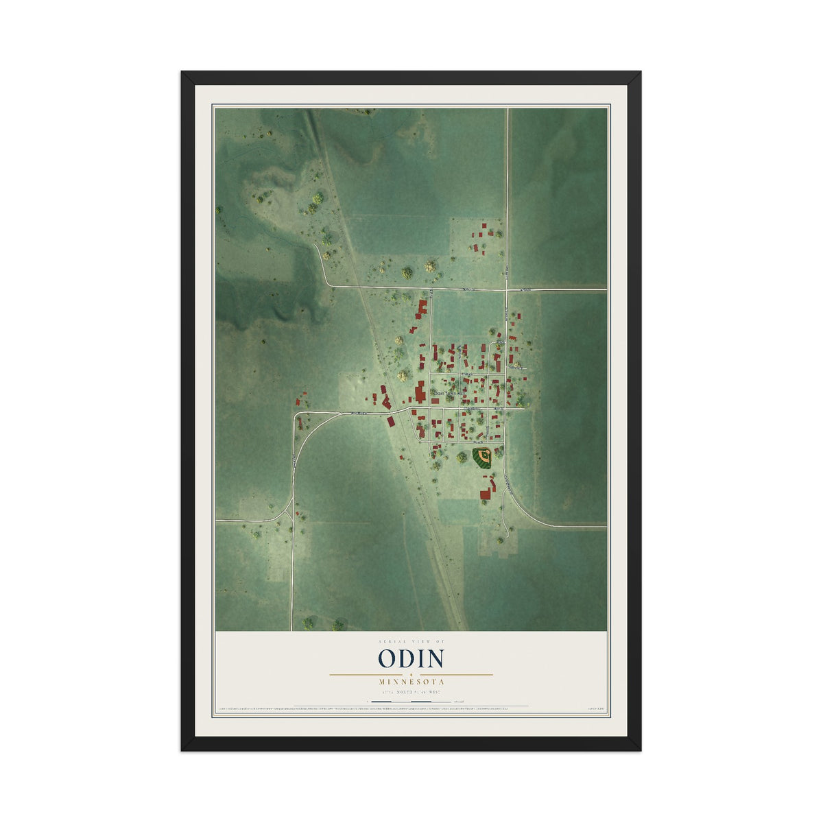Map of Odin, Minnesota, 12 x 18 inch print in a black wood frame