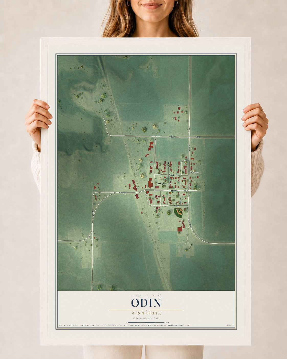 Map of Odin, Minnesota, 24 x 36 inch print in a white wood frame