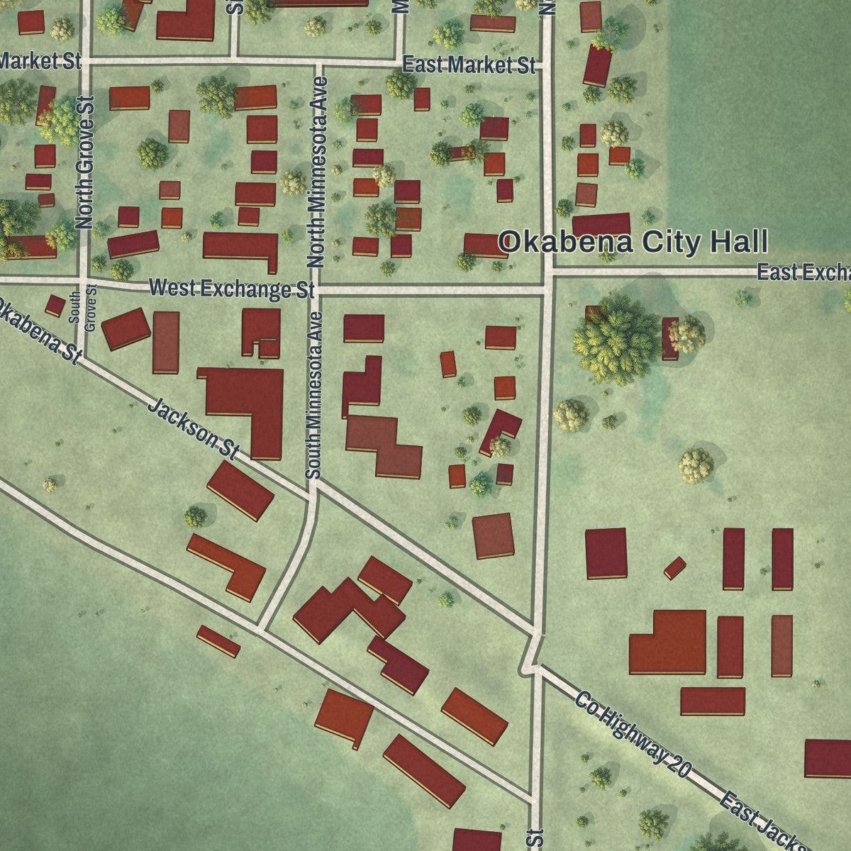 Close-up of the map of Okabena, Minnesota print showing street and building detail