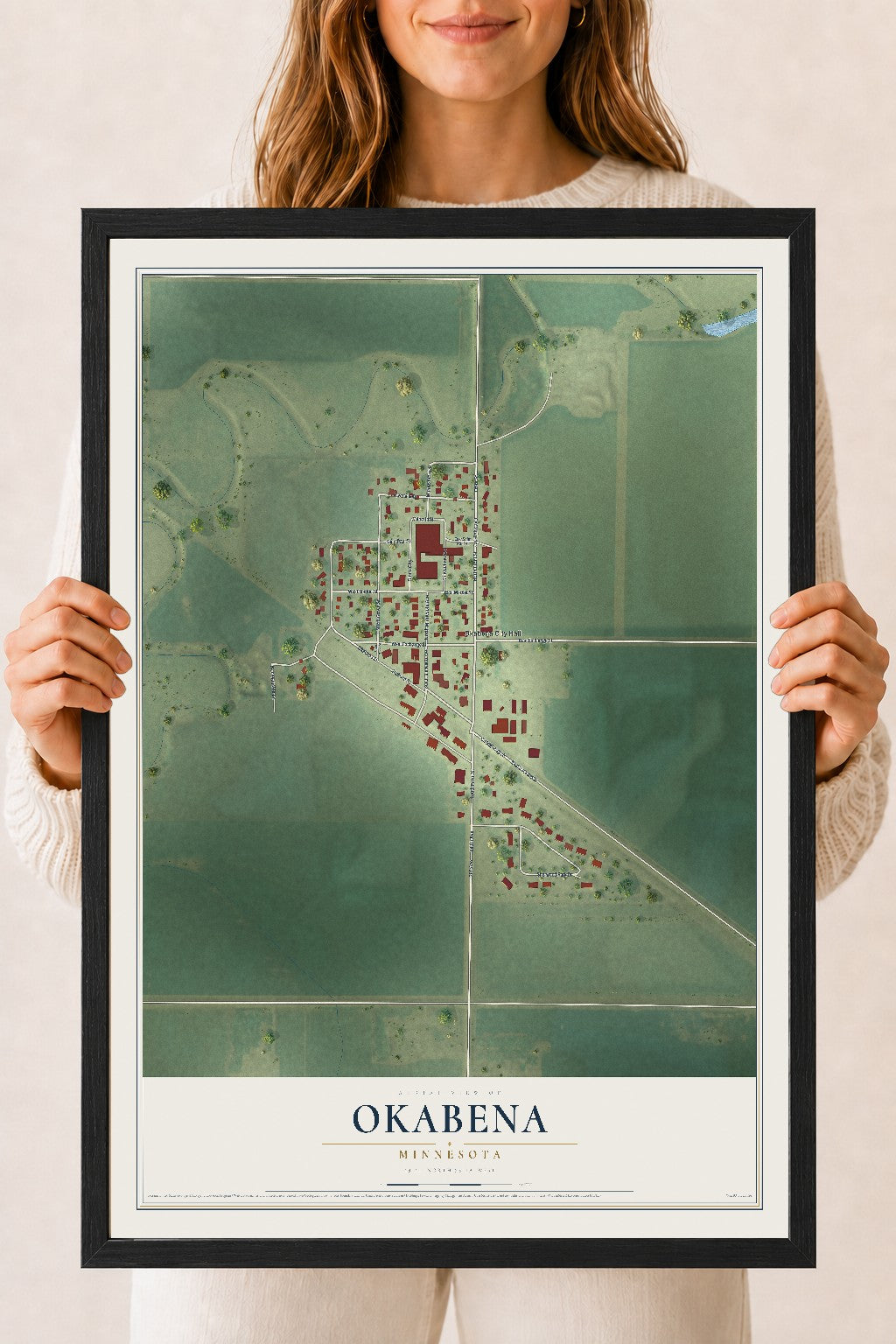 Map of Okabena, Minnesota, 18 x 24 inch print in a black wood frame
