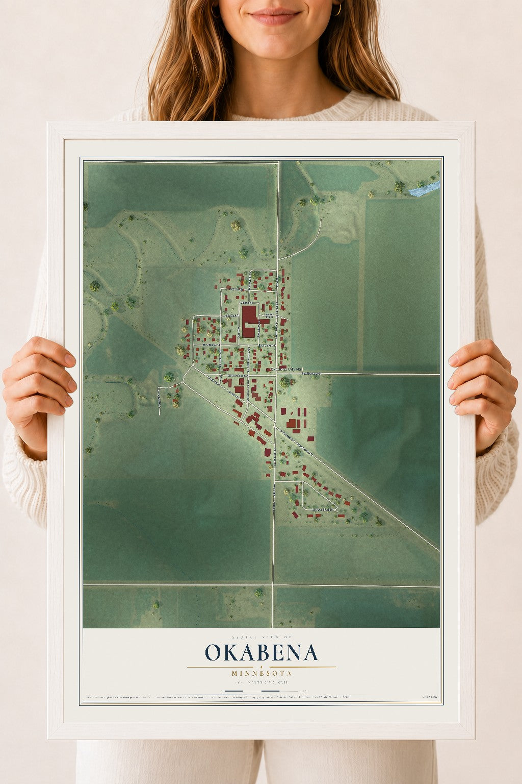 Map of Okabena, Minnesota, 18 x 24 inch print in a white wood frame