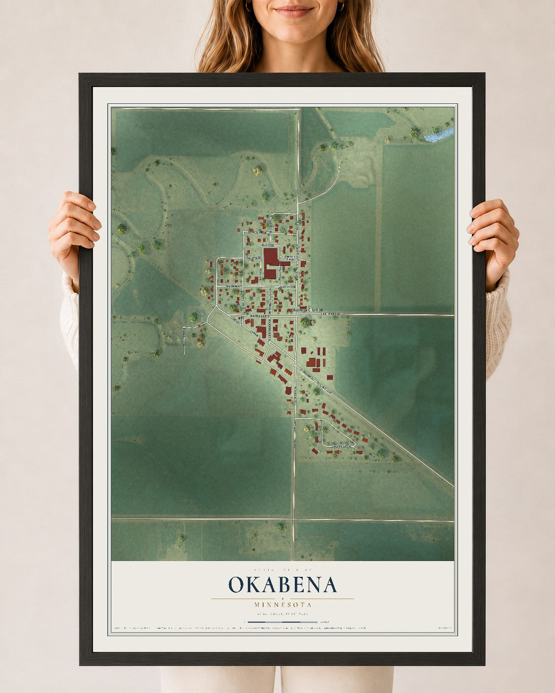 Map of Okabena, Minnesota, 24 x 36 inch print in a black wood frame