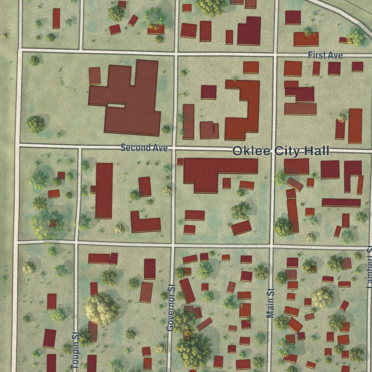Close-up of the map of Oklee, Minnesota print showing street and building detail