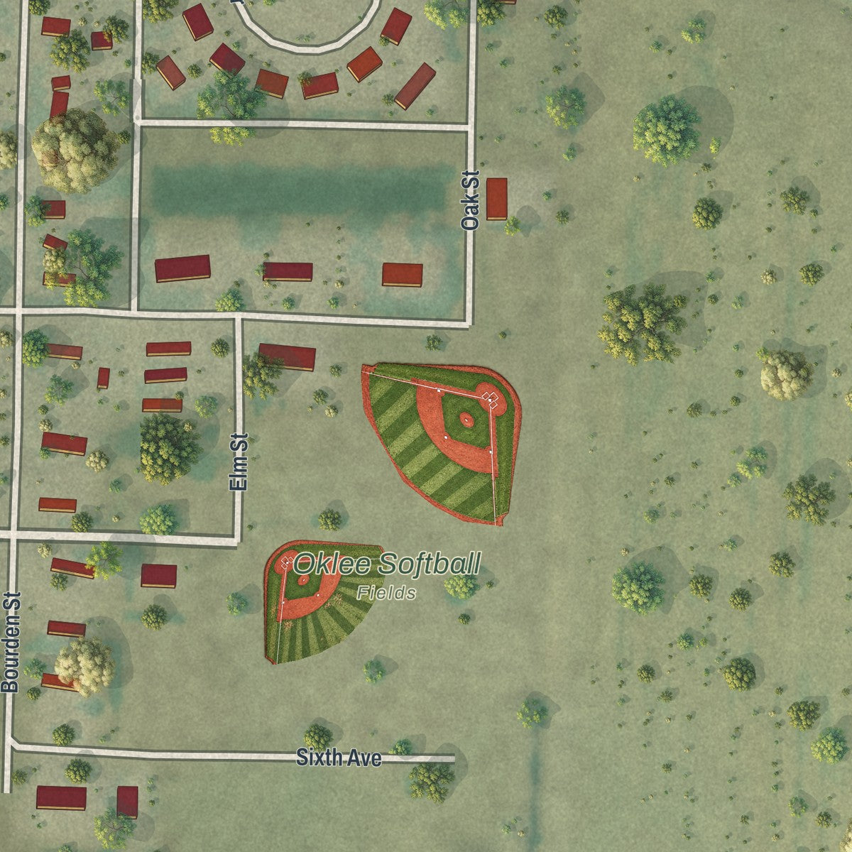 Second close-up of the map of Oklee, Minnesota print showing more streets and buildings
