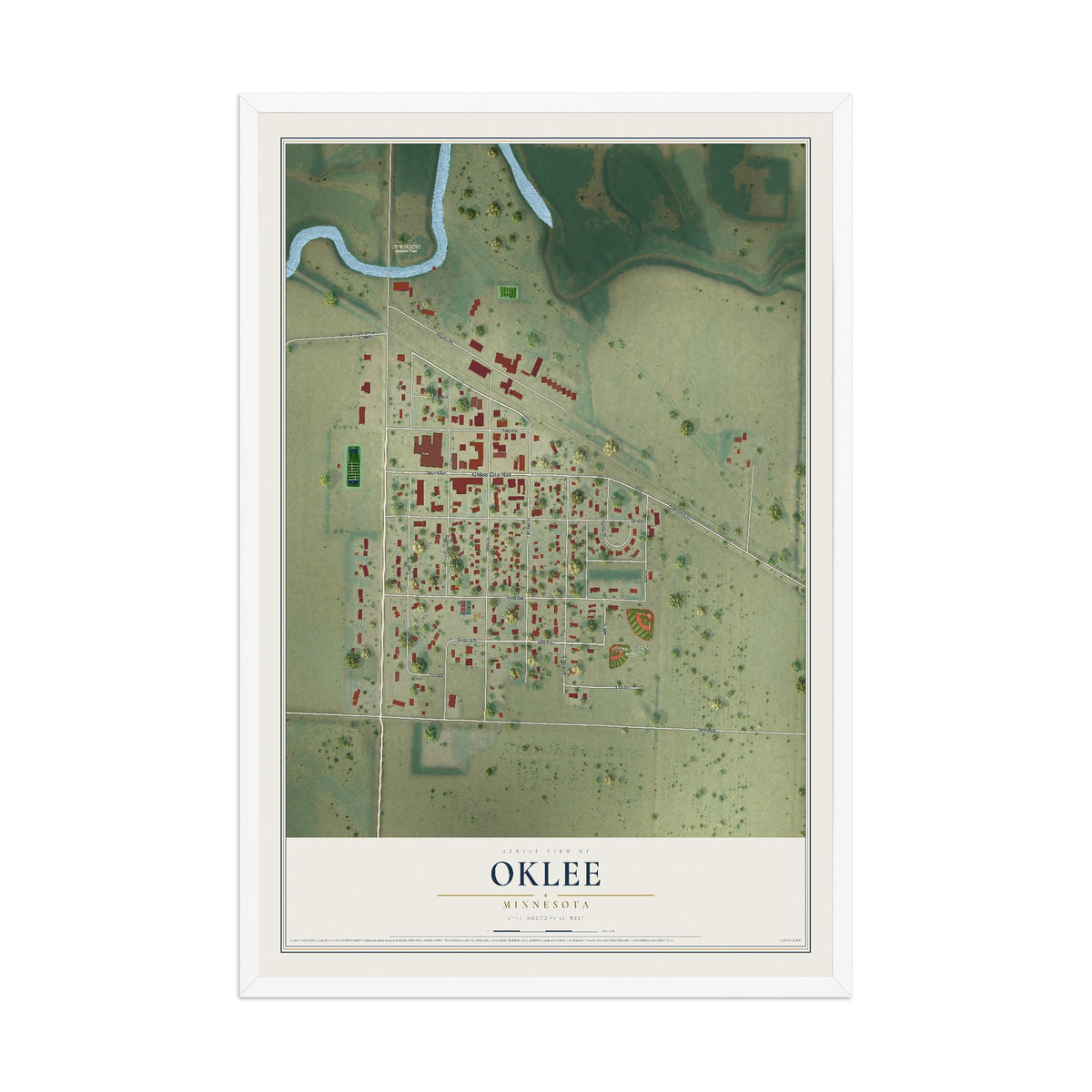 Map of Oklee, Minnesota, 12 x 18 inch print in a white wood frame