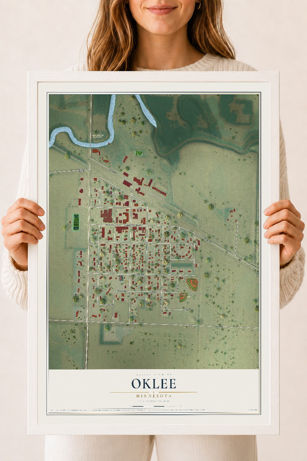 Map of Oklee, Minnesota, 18 x 24 inch print in a white wood frame