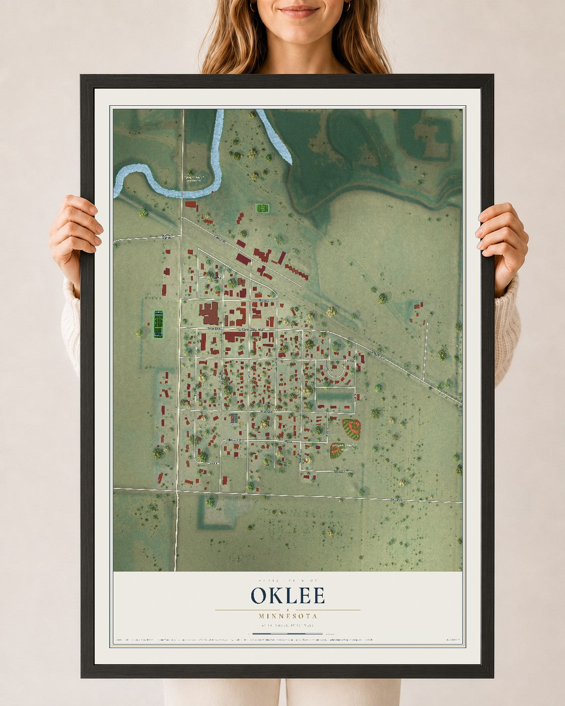 Map of Oklee, Minnesota, 24 x 36 inch print in a black wood frame