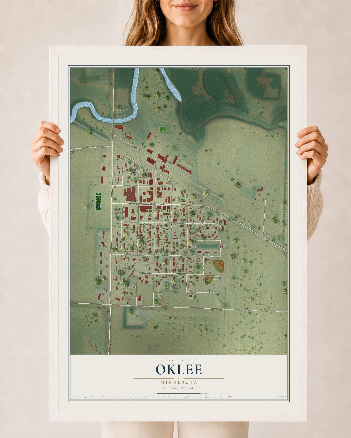 Map of Oklee, Minnesota, 24 x 36 inch print in a white wood frame