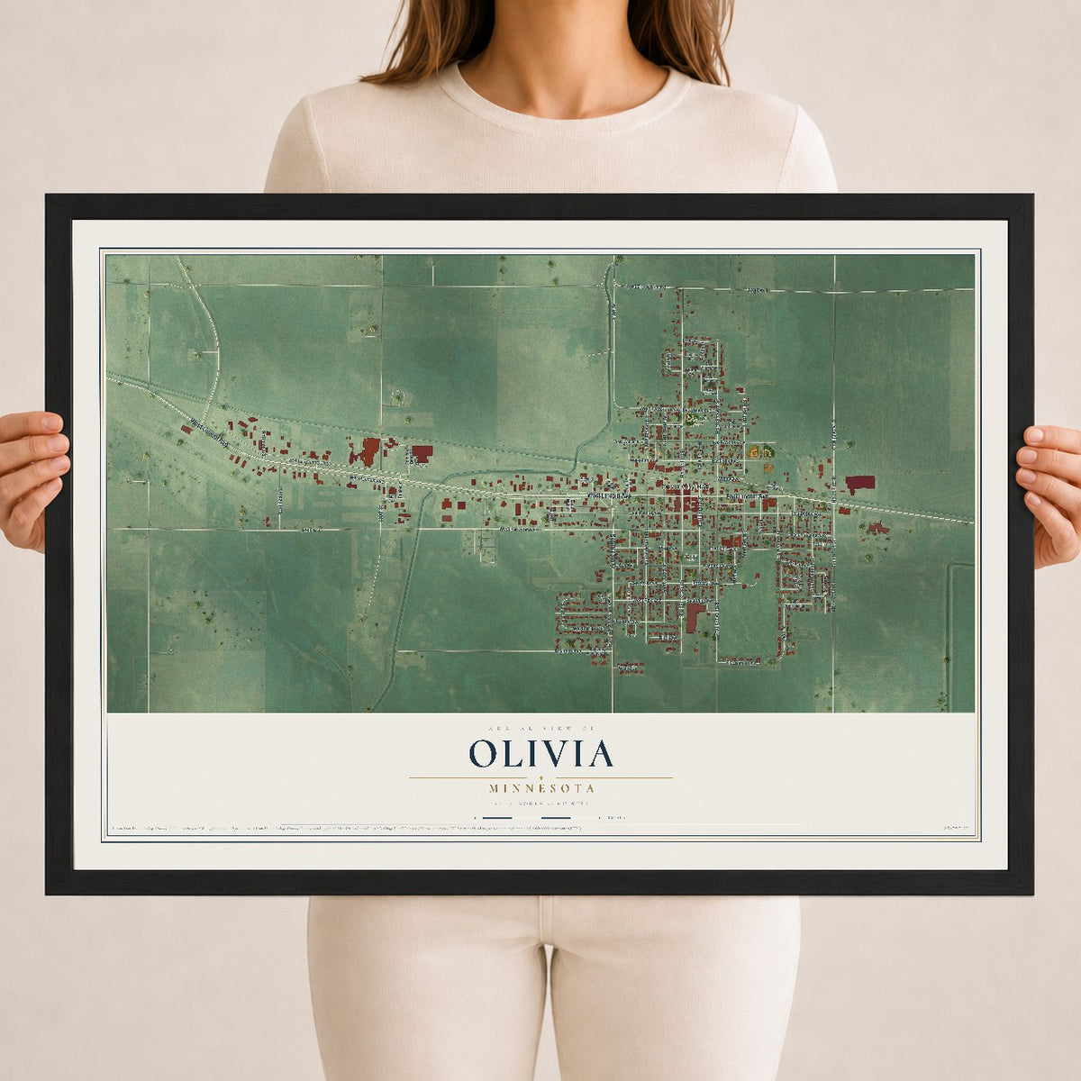 Map of Olivia, Minnesota, 18 x 24 inch print in a black wood frame
