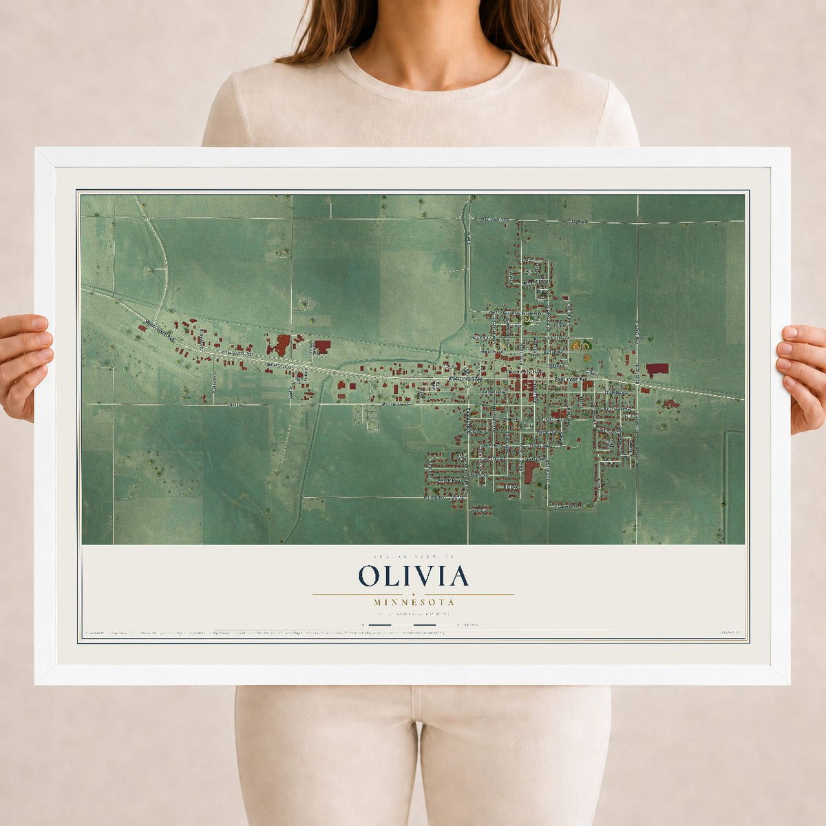 Map of Olivia, Minnesota, 18 x 24 inch print in a white wood frame