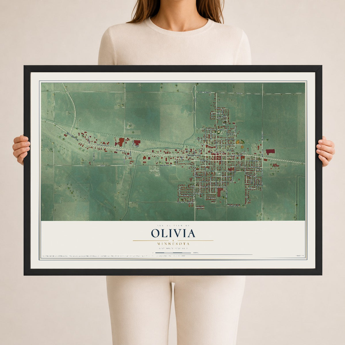 Map of Olivia, Minnesota, 24 x 36 inch print in a black wood frame