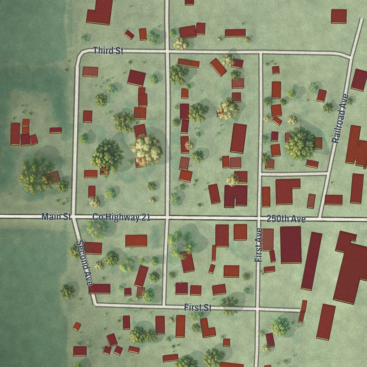 Close-up of the map of Ormsby, Minnesota print showing street and building detail
