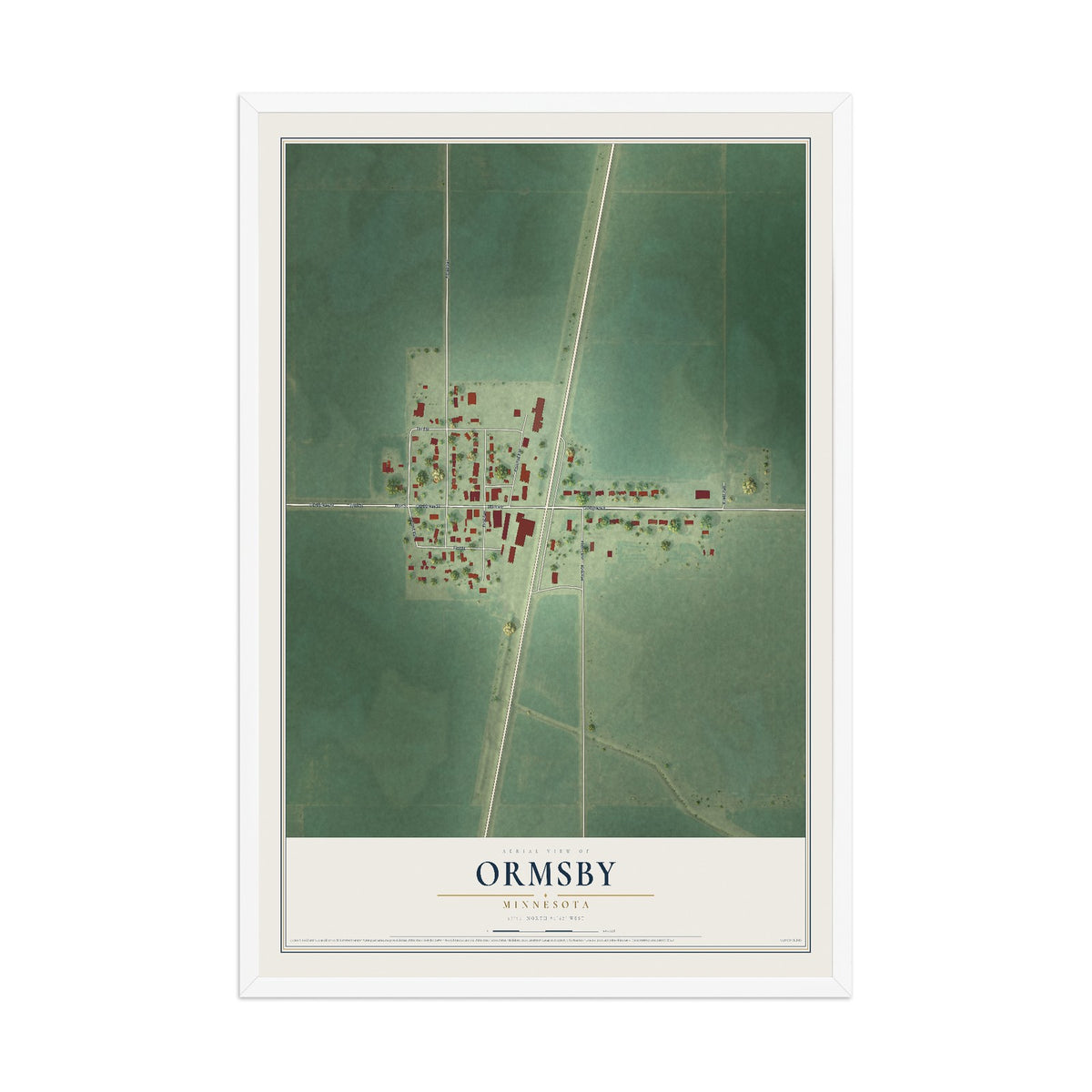 Map of Ormsby, Minnesota, 12 x 18 inch print in a white wood frame