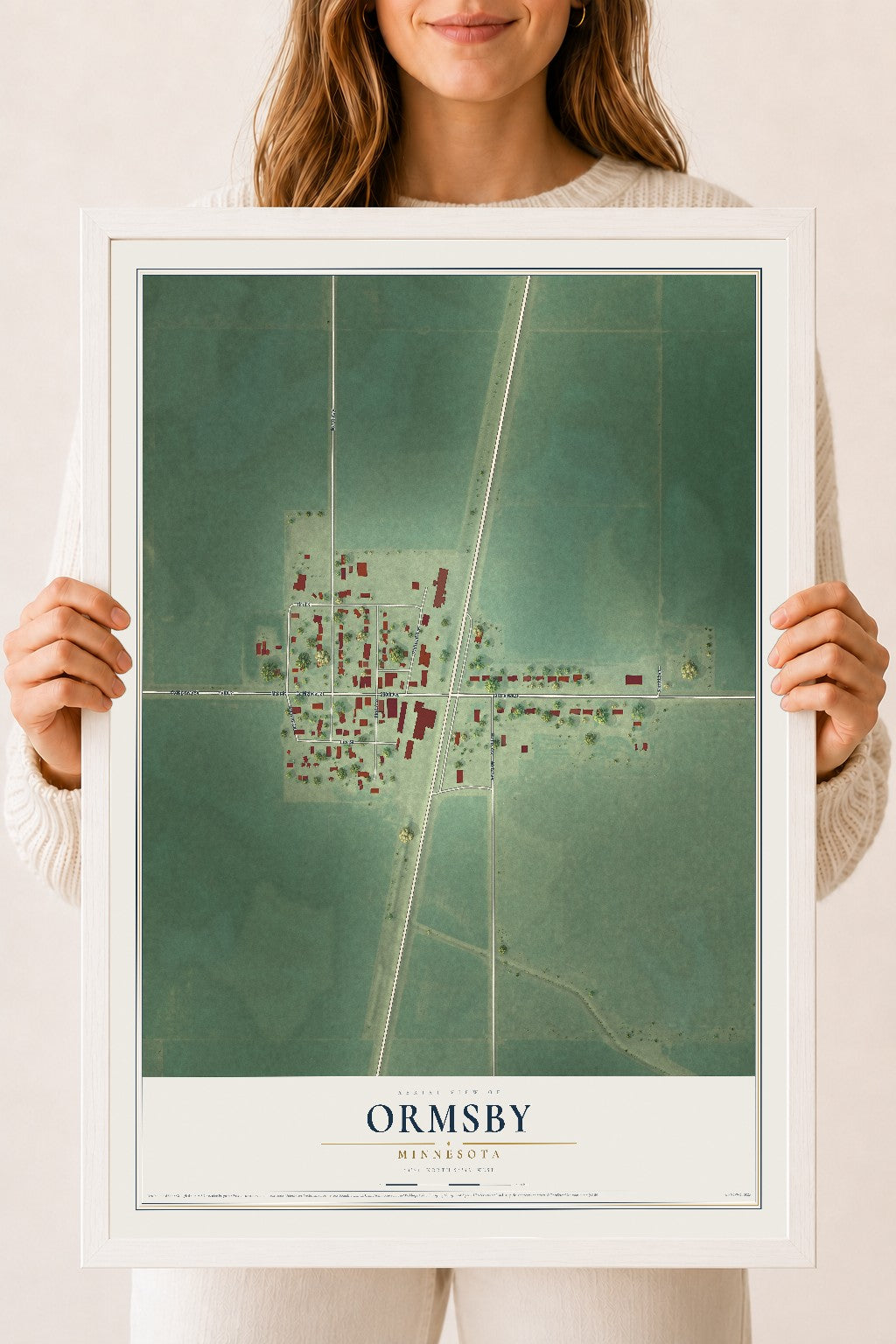 Map of Ormsby, Minnesota, 18 x 24 inch print in a white wood frame