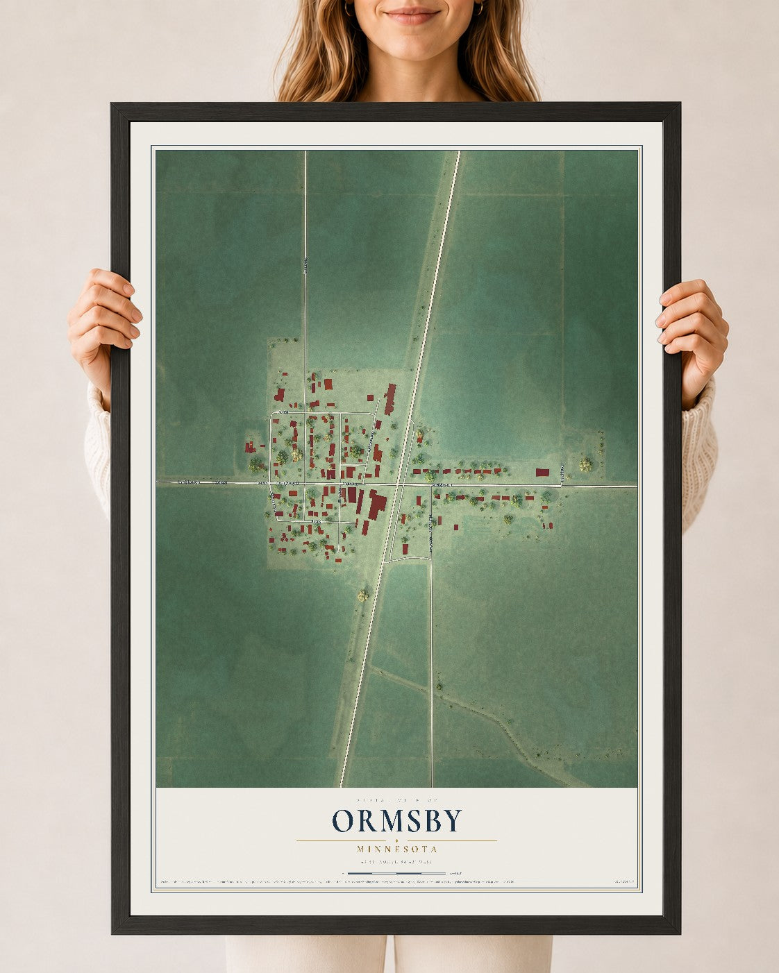 Map of Ormsby, Minnesota, 24 x 36 inch print in a black wood frame