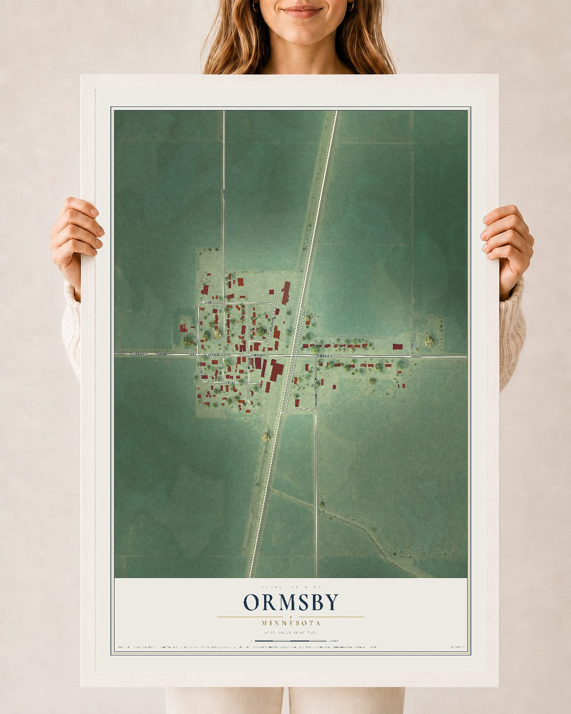 Map of Ormsby, Minnesota, 24 x 36 inch print in a white wood frame
