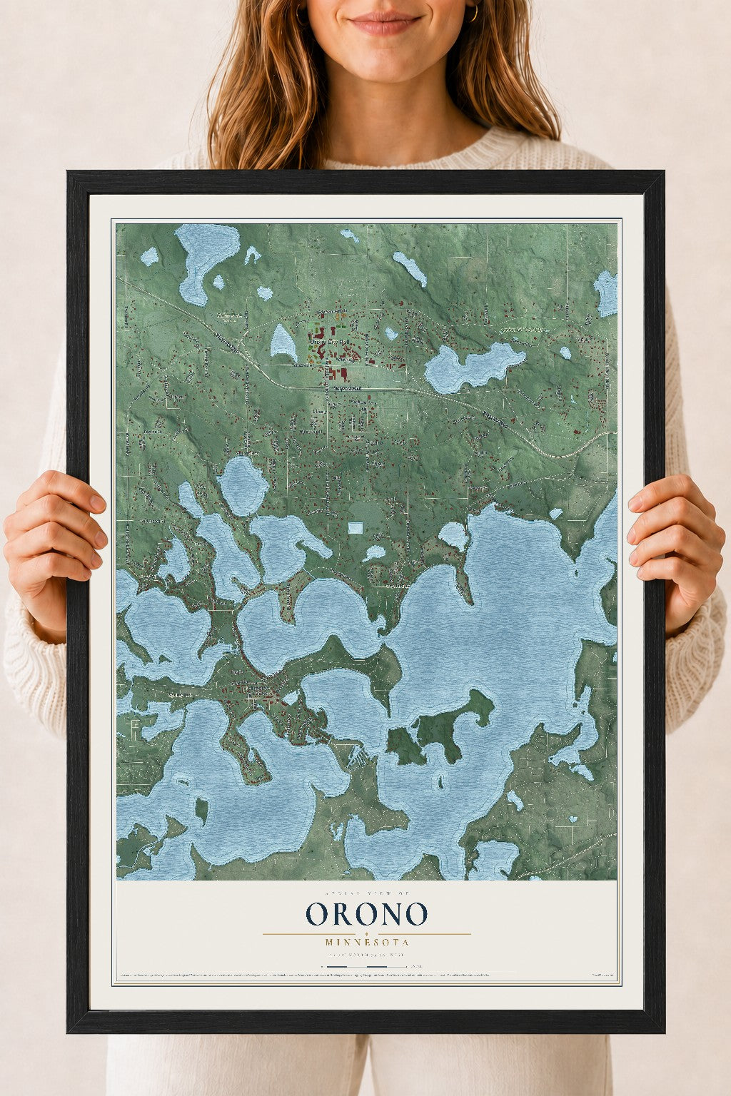 Map of Orono, Minnesota, 18 x 24 inch print in a black wood frame