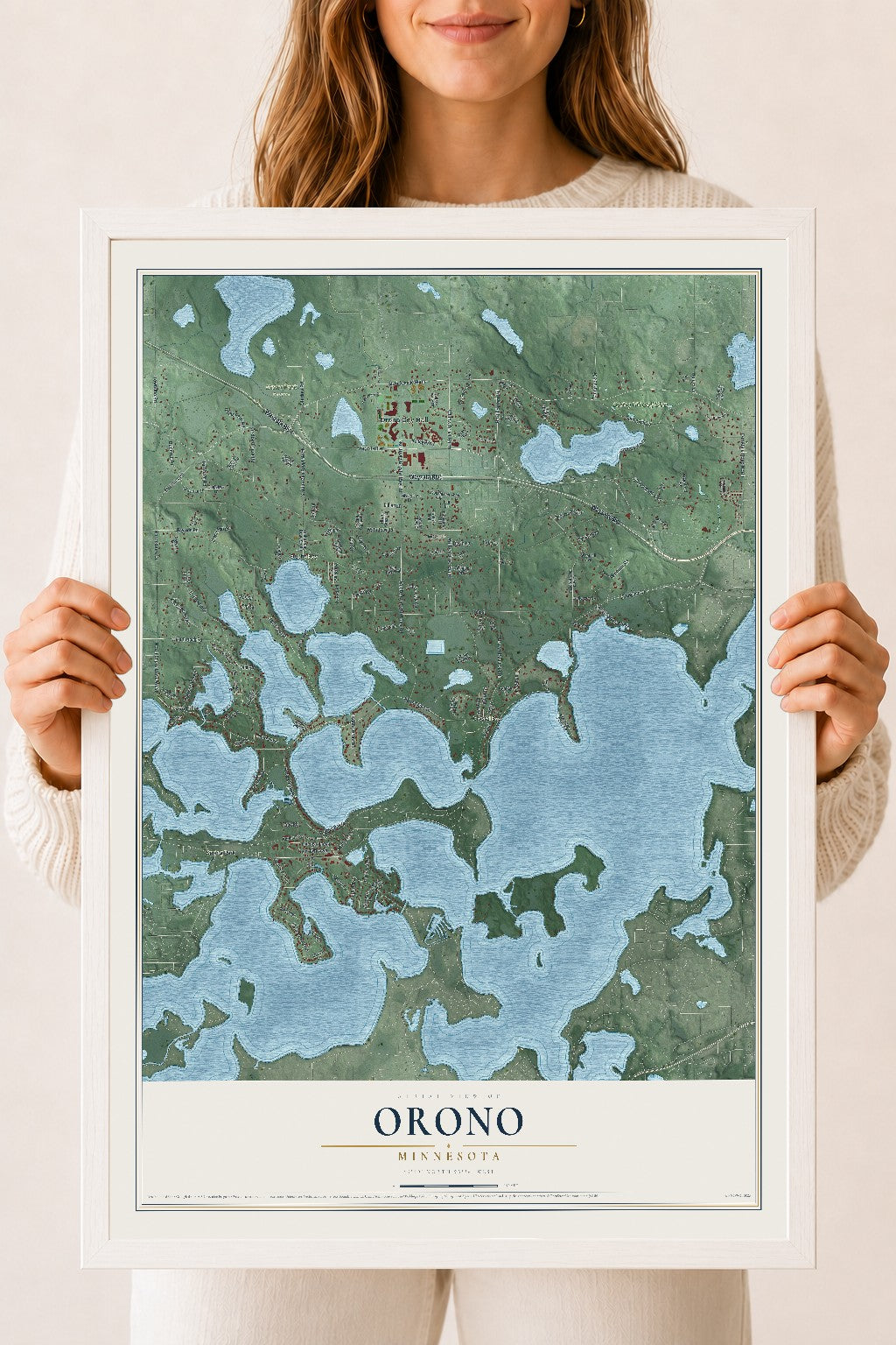 Map of Orono, Minnesota, 18 x 24 inch print in a white wood frame
