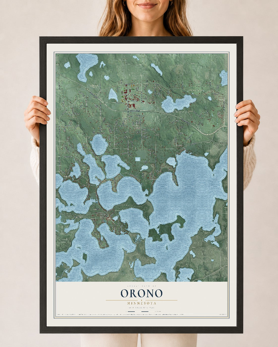 Map of Orono, Minnesota, 24 x 36 inch print in a black wood frame