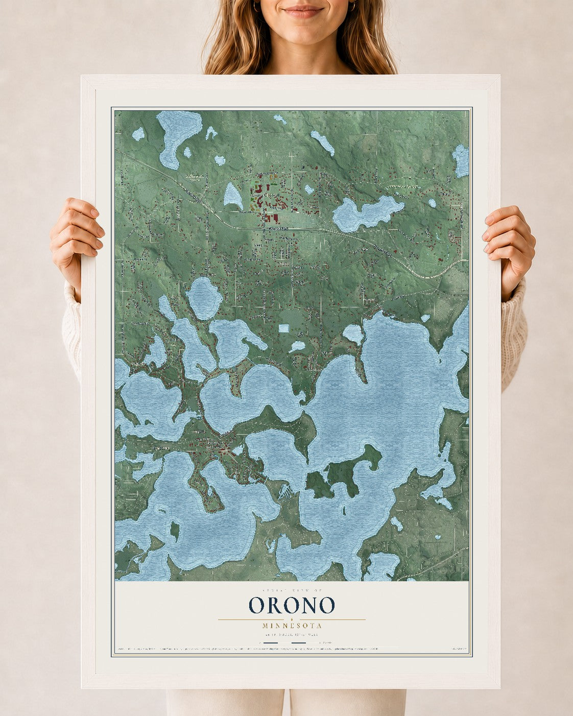 Map of Orono, Minnesota, 24 x 36 inch print in a white wood frame