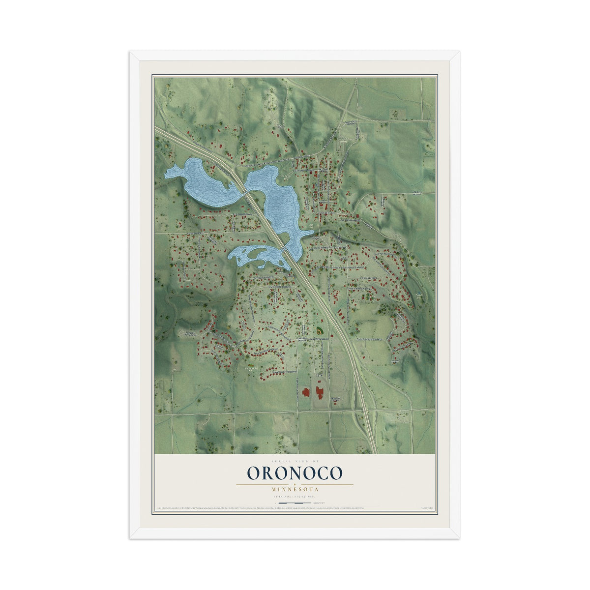 Map of Oronoco, Minnesota, 12 x 18 inch print in a white wood frame