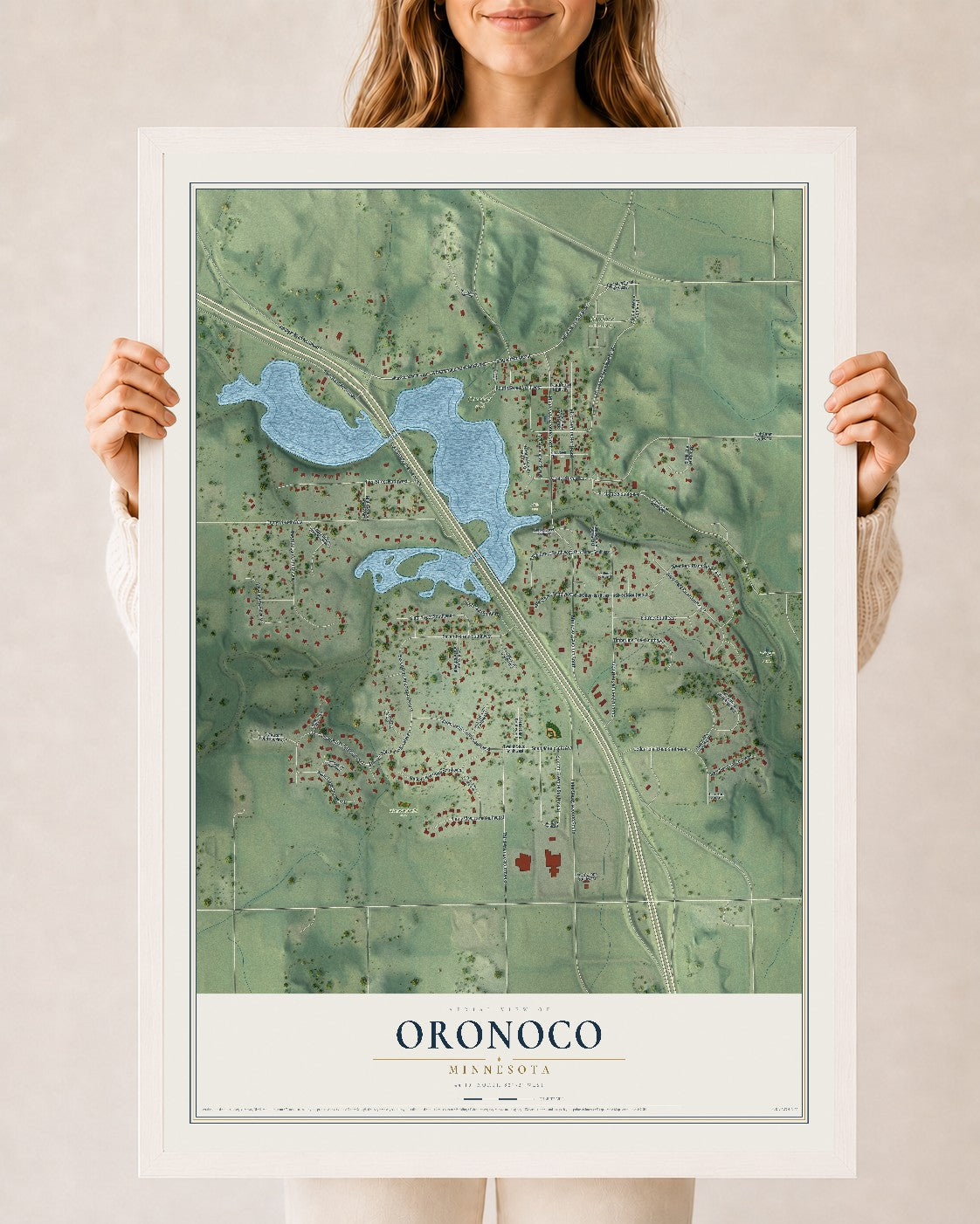 Map of Oronoco, Minnesota, 24 x 36 inch print in a white wood frame