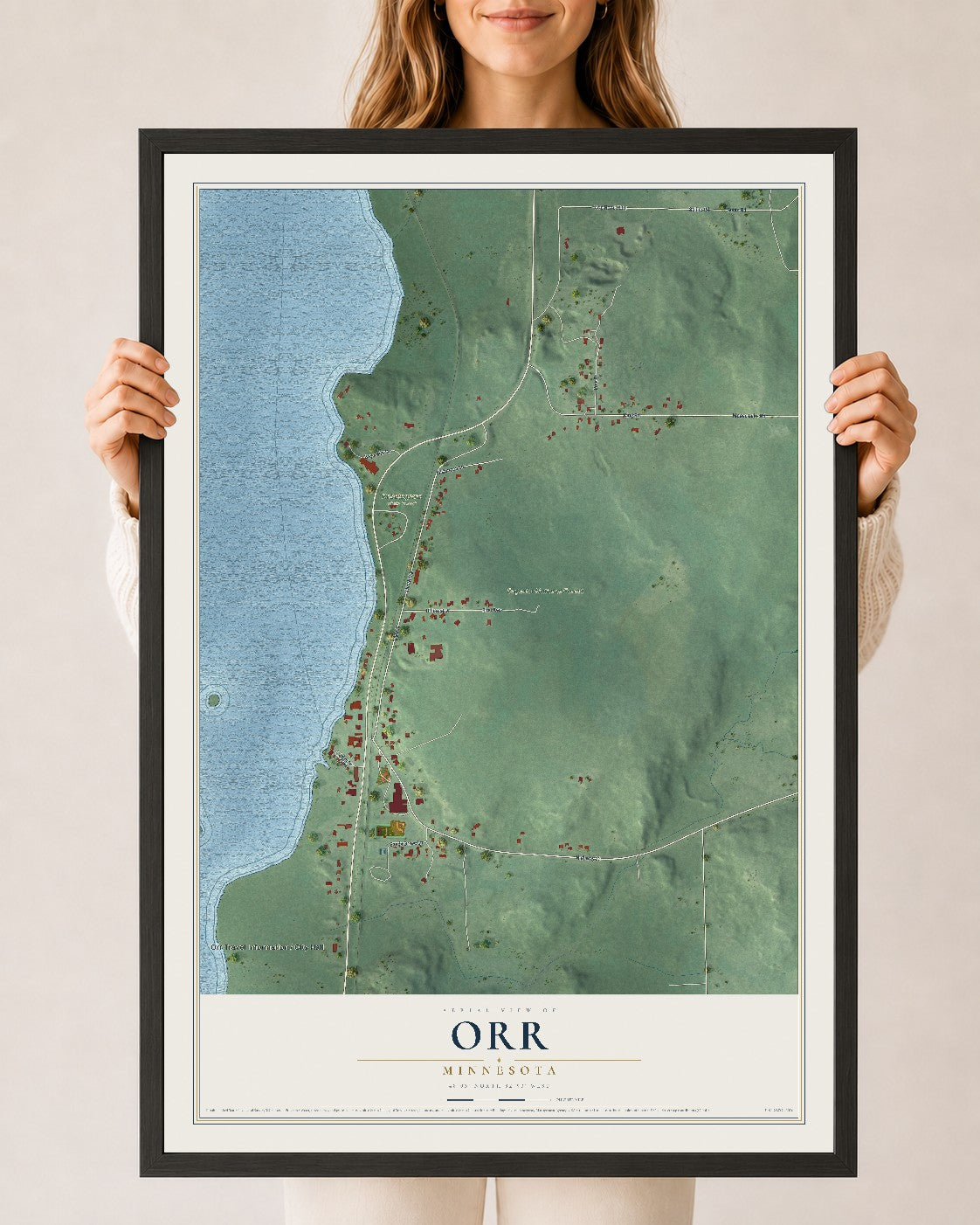 Map of Orr, Minnesota, 24 x 36 inch print in a black wood frame