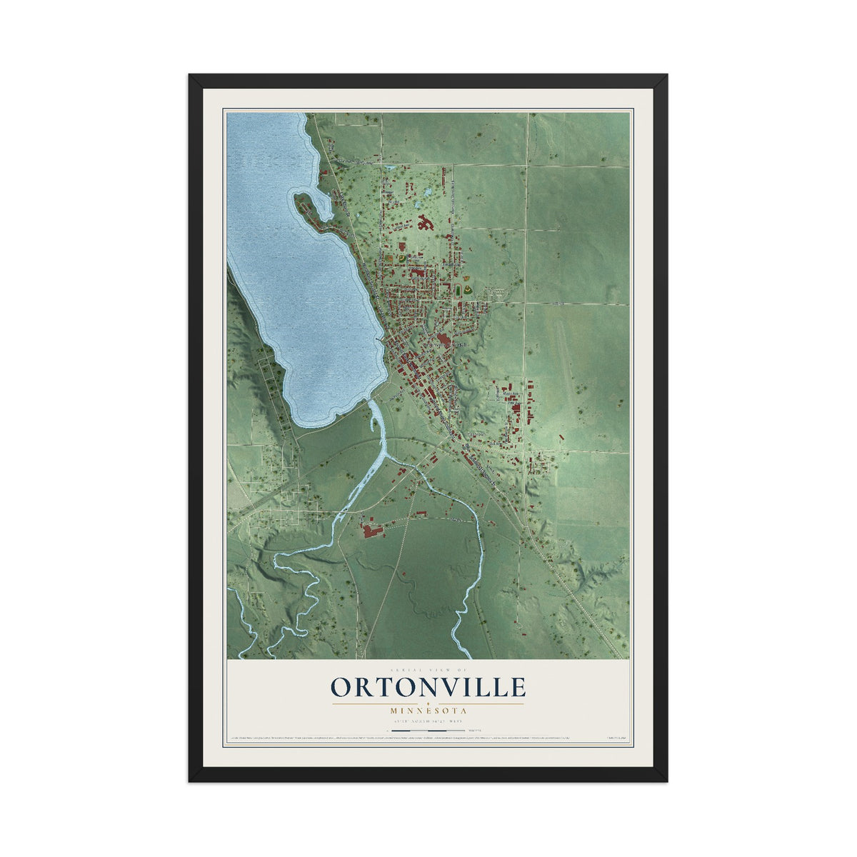Map of Ortonville, Minnesota, 12 x 18 inch print in a black wood frame